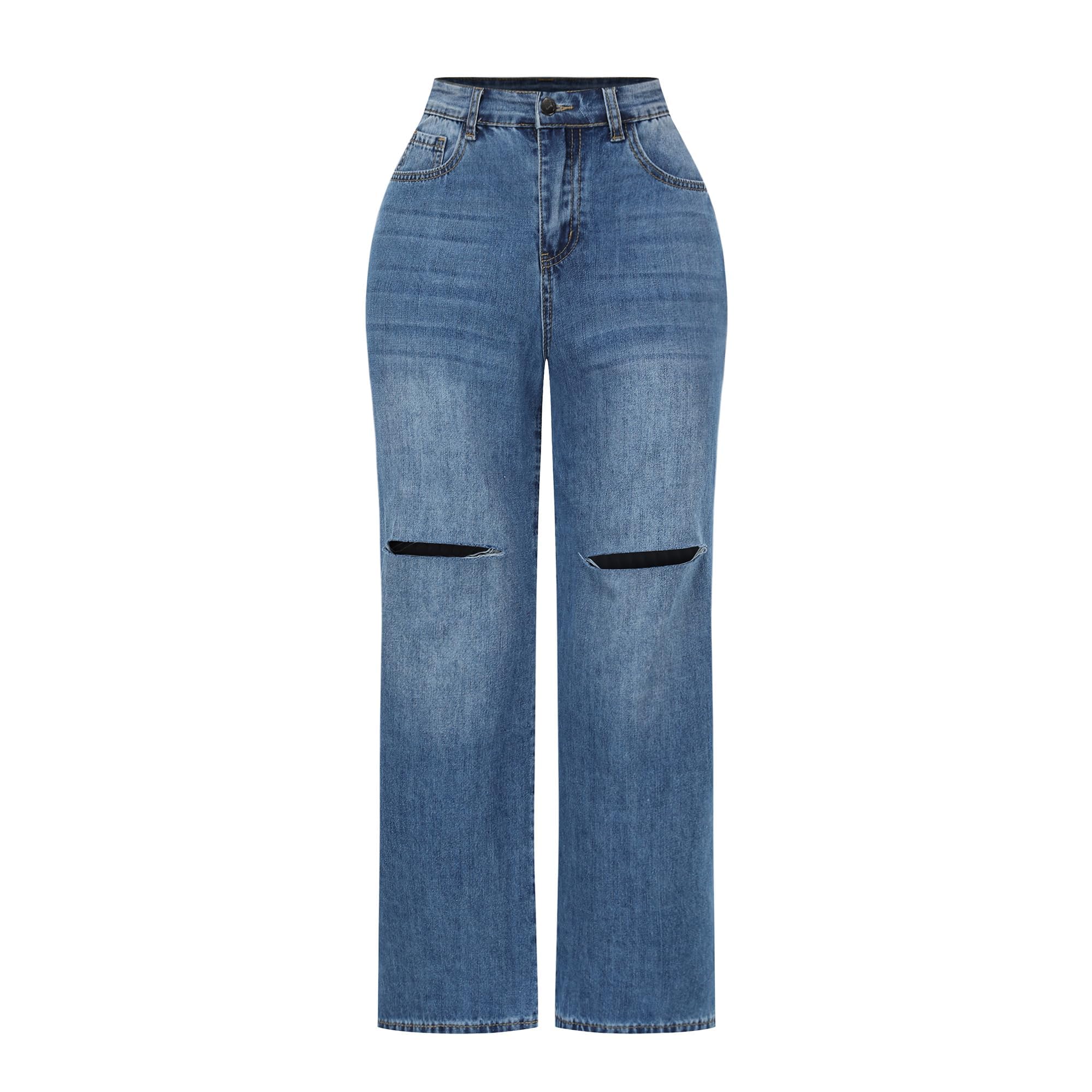 THUNDER STAR Womens High Waisted Wide Leg Jeans Stretchy Distressed Denim Pants