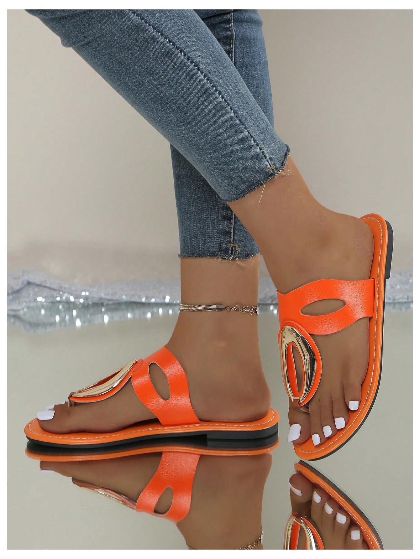 OYOANGLE Women's Metal Open Toe Leather Thong Dressy Sandals Flip Flops | PU Leather Lining, Beach Outings Tropical Vacation Summer Daily Occasions