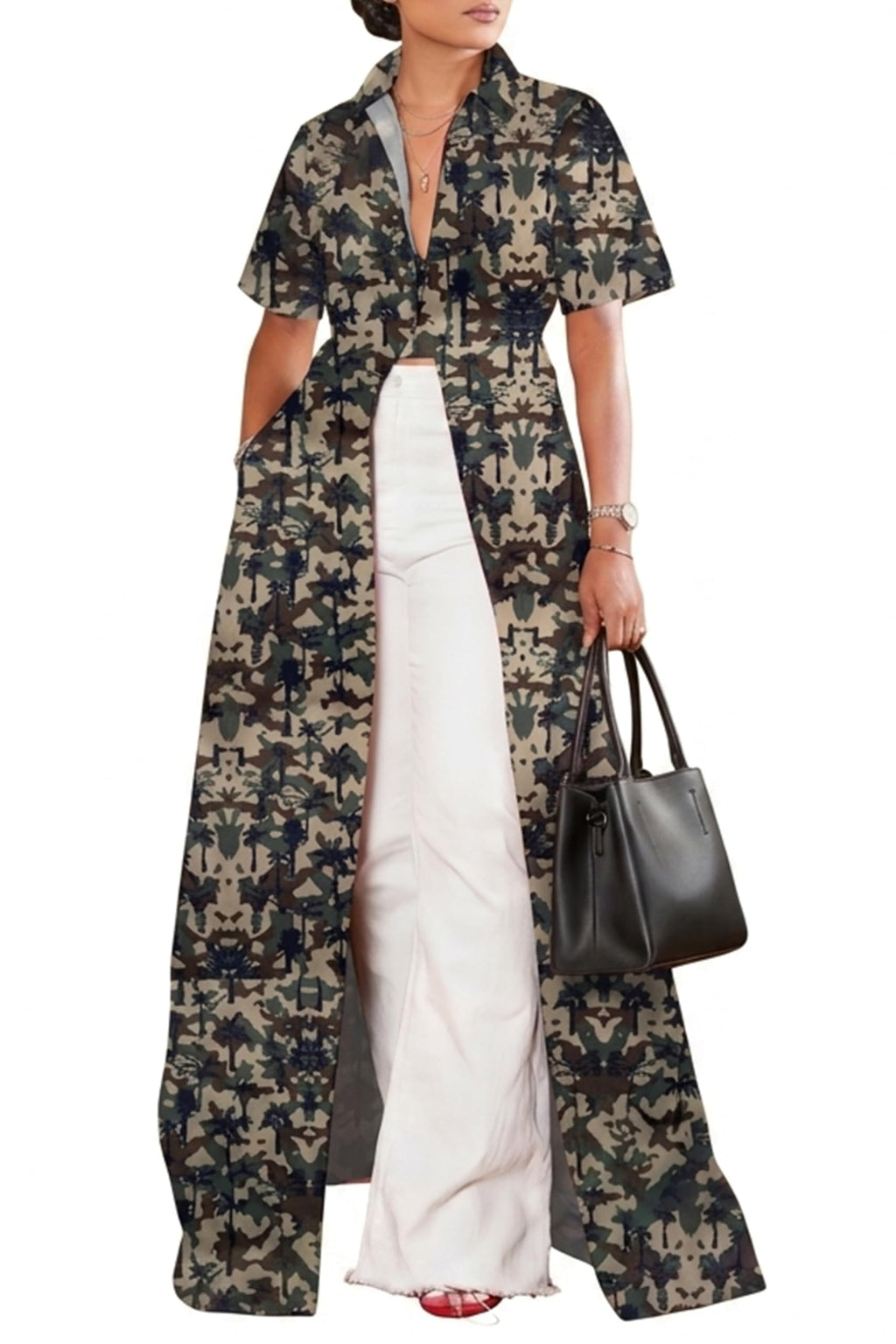Summer Womens Top Maxi Long Short Sleeve V Neck Zip Up Casual Blouse Kimono Tee Shirt Dress with Pocket for Women
