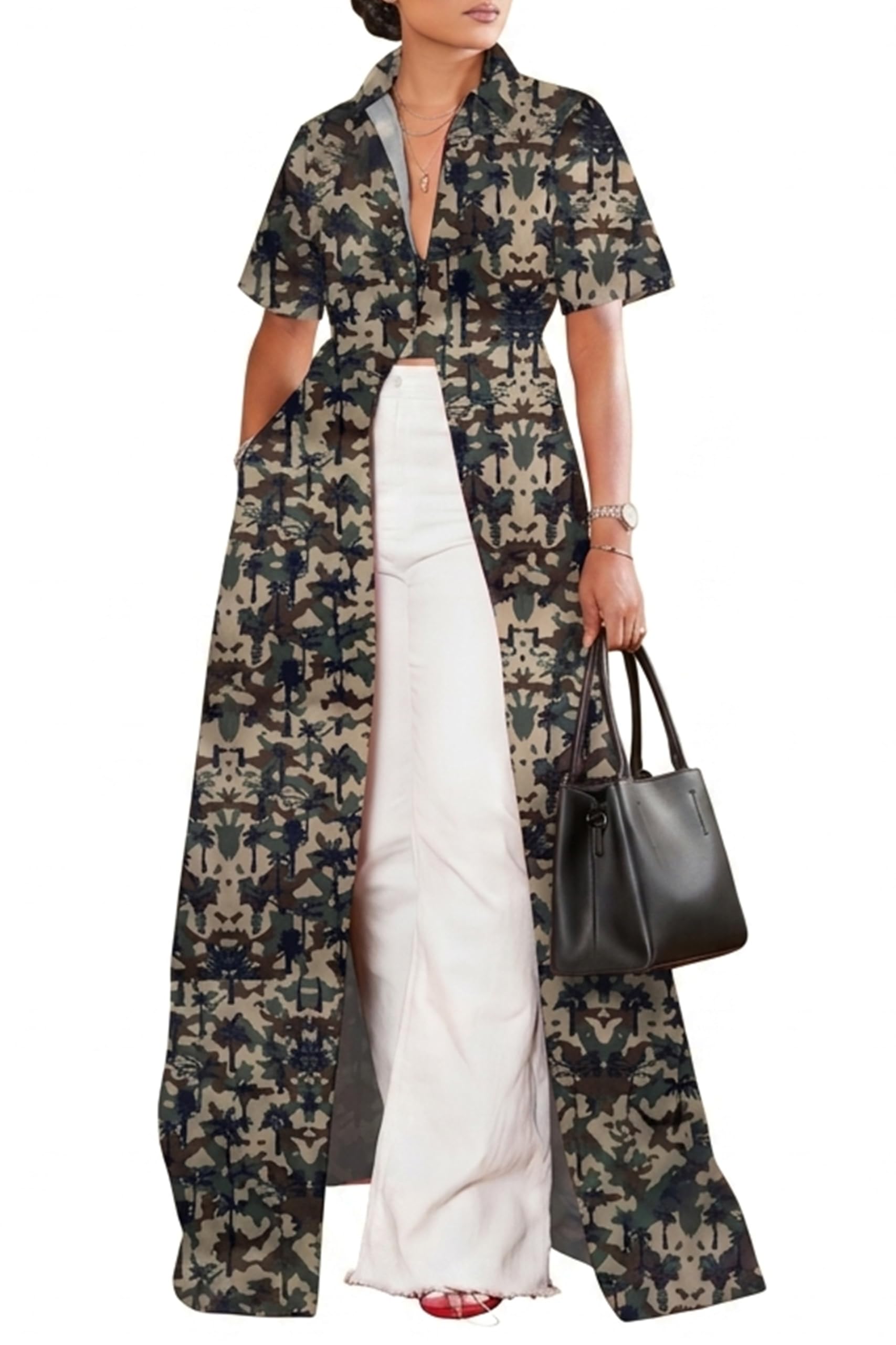 Summer Womens Top Maxi Long Short Sleeve V Neck Zip Up Casual Blouse Kimono Tee Shirt Dress with Pocket for Women