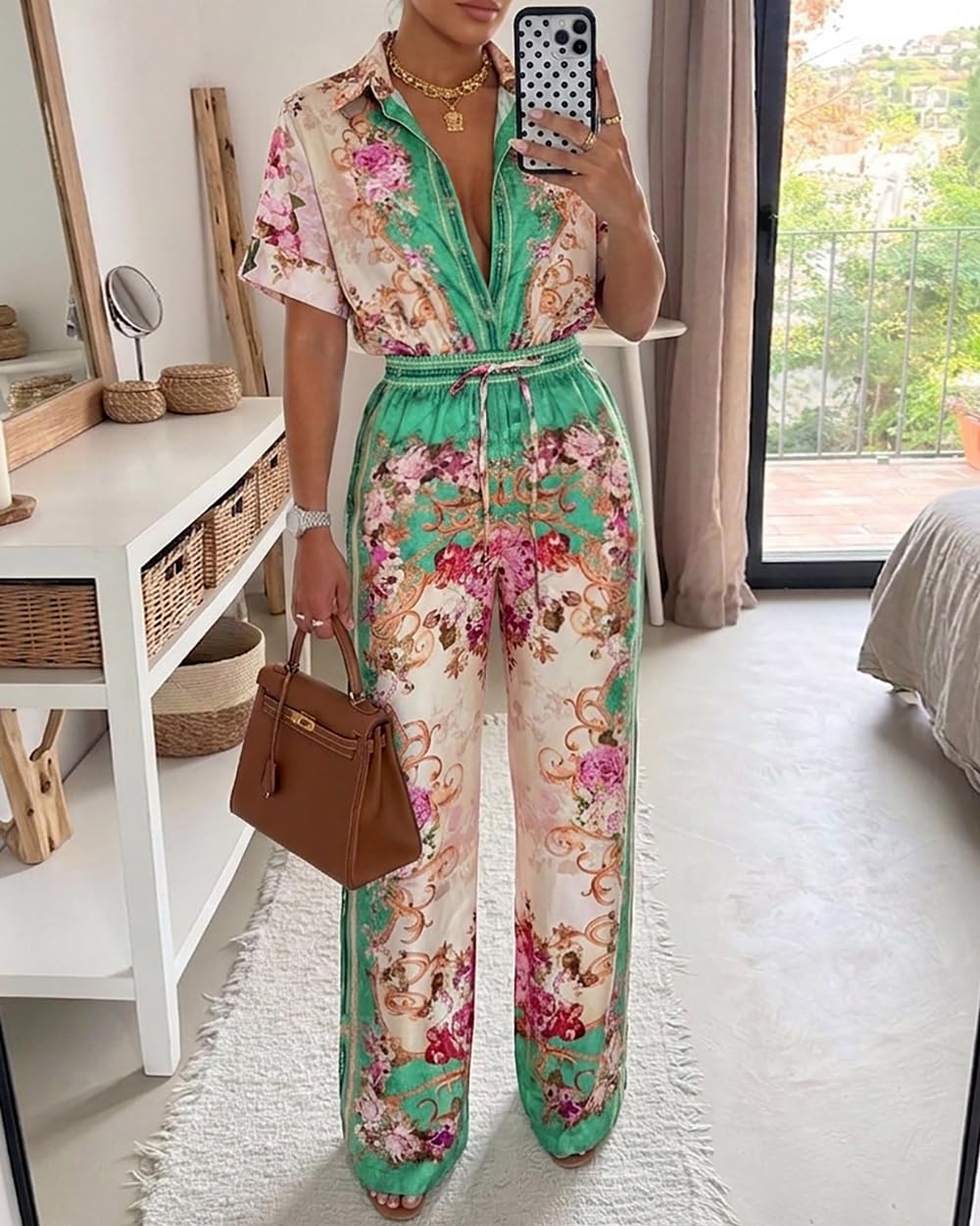 CHICME Womens Jumpsuit Boho Floral Wide Leg Vacation Outfit | Long Pant Rompers with Pockets,Roll Up Short Sleeve,Button Front,Drawstring High Waist,One Piece,Casual,Summer Beach