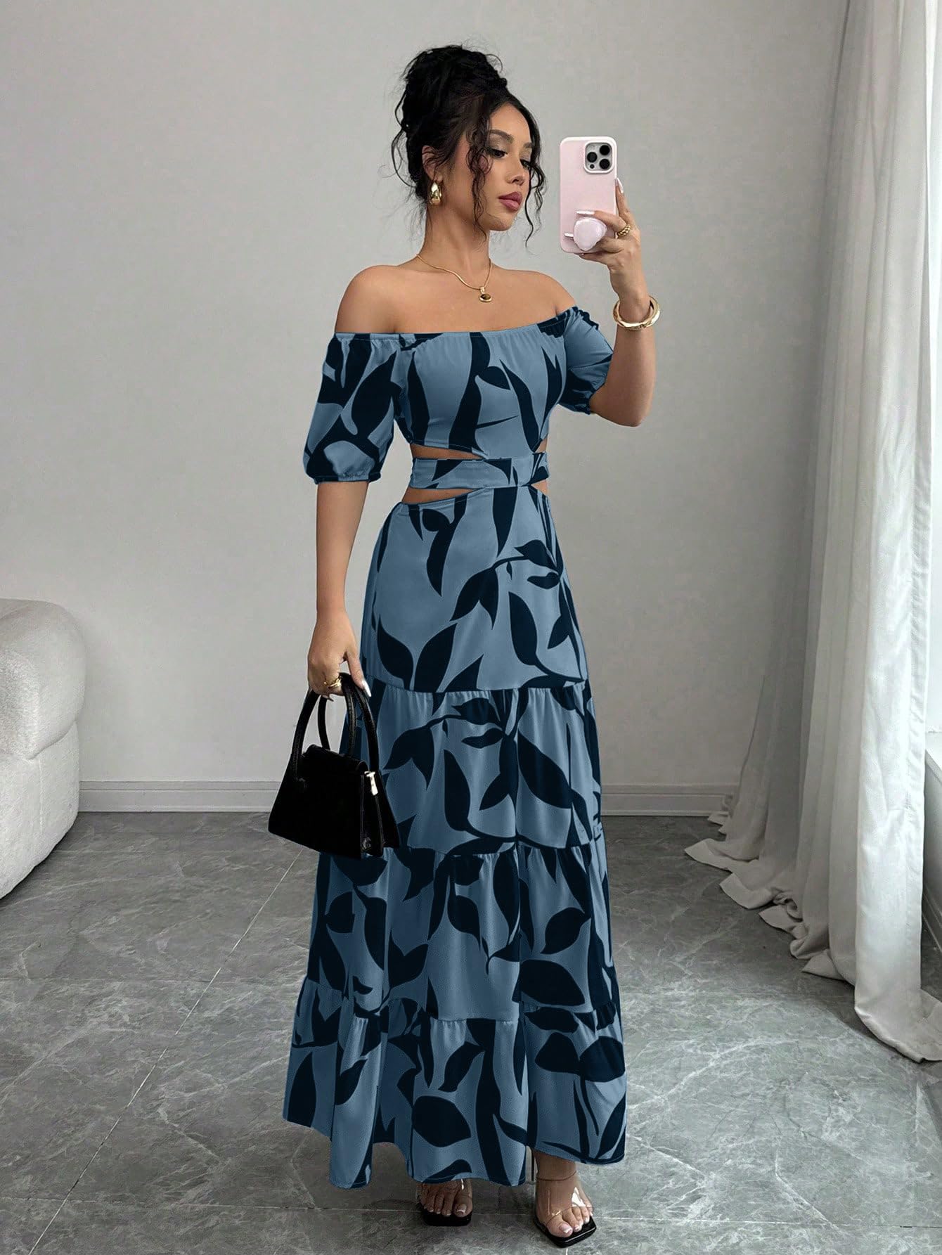 Women's Boho Off The Shoulder Short Sleeve Maxi Dresses Casual Summer Tiered Ruffle Swing Cut Out Flowy Dress