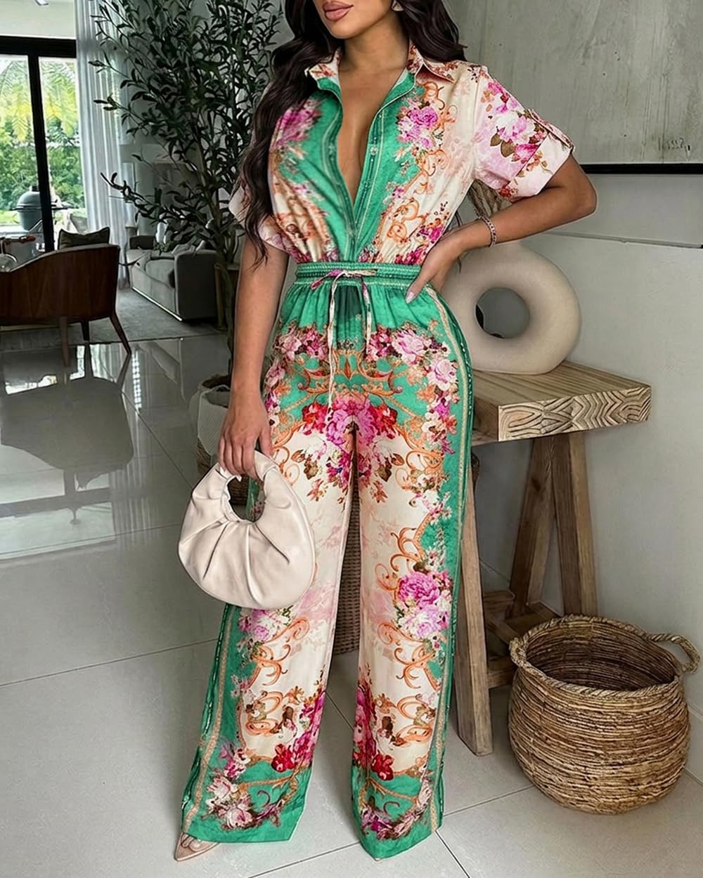 CHICME Womens Jumpsuit Boho Floral Wide Leg Vacation Outfit | Long Pant Rompers with Pockets,Roll Up Short Sleeve,Button Front,Drawstring High Waist,One Piece,Casual,Summer Beach