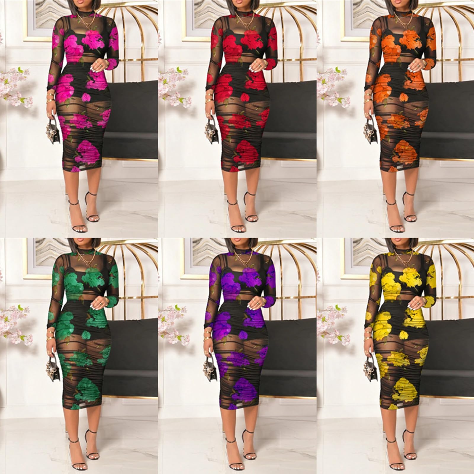 Women Sexy See Through Sheer Mesh Bodycon Midi Dress Long Sleeve Skirt 3 Piece Outfits Set Floral Print Cover Up