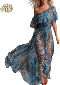 Women's Leopard Print Off the Shoulder Maxi Dress Short Sleeve Ruffle A Line Resort Maxi Dress Vacation Beach Party
