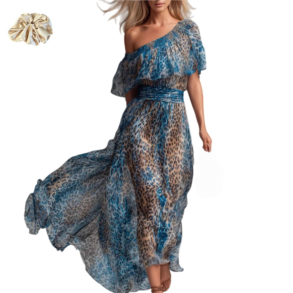 Women's Leopard Print Off the Shoulder Maxi Dress Short Sleeve Ruffle A Line Resort Maxi Dress Vacation Beach Party
