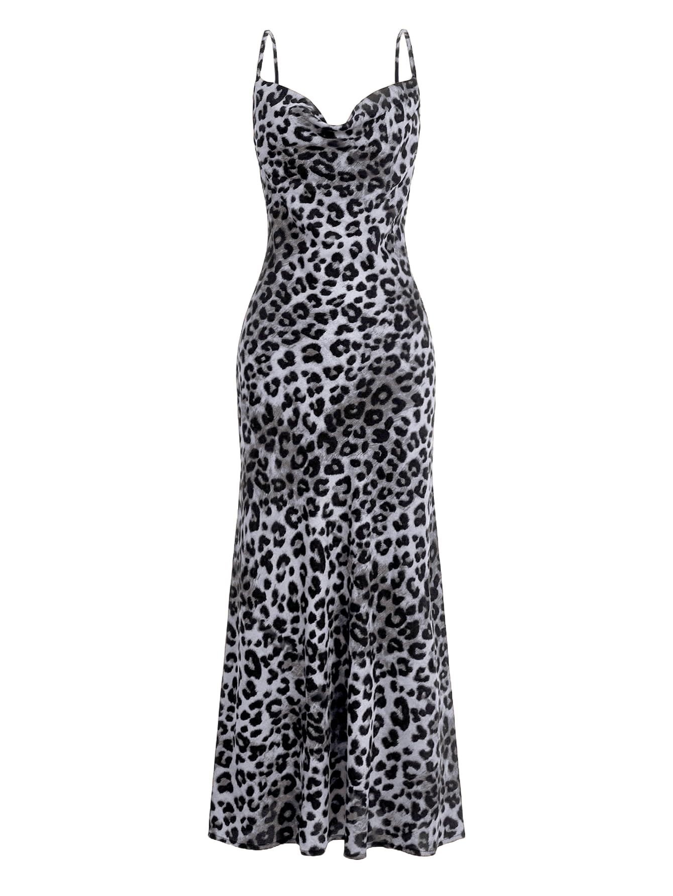 Floerns Women's Leopard Print Draped Collar Spaghetti Strap Cami Long Dress | Cheetah, Animal Print, Cowl Neck, Draped, Western, Concert, Going Out, Corset Maxi Dresses