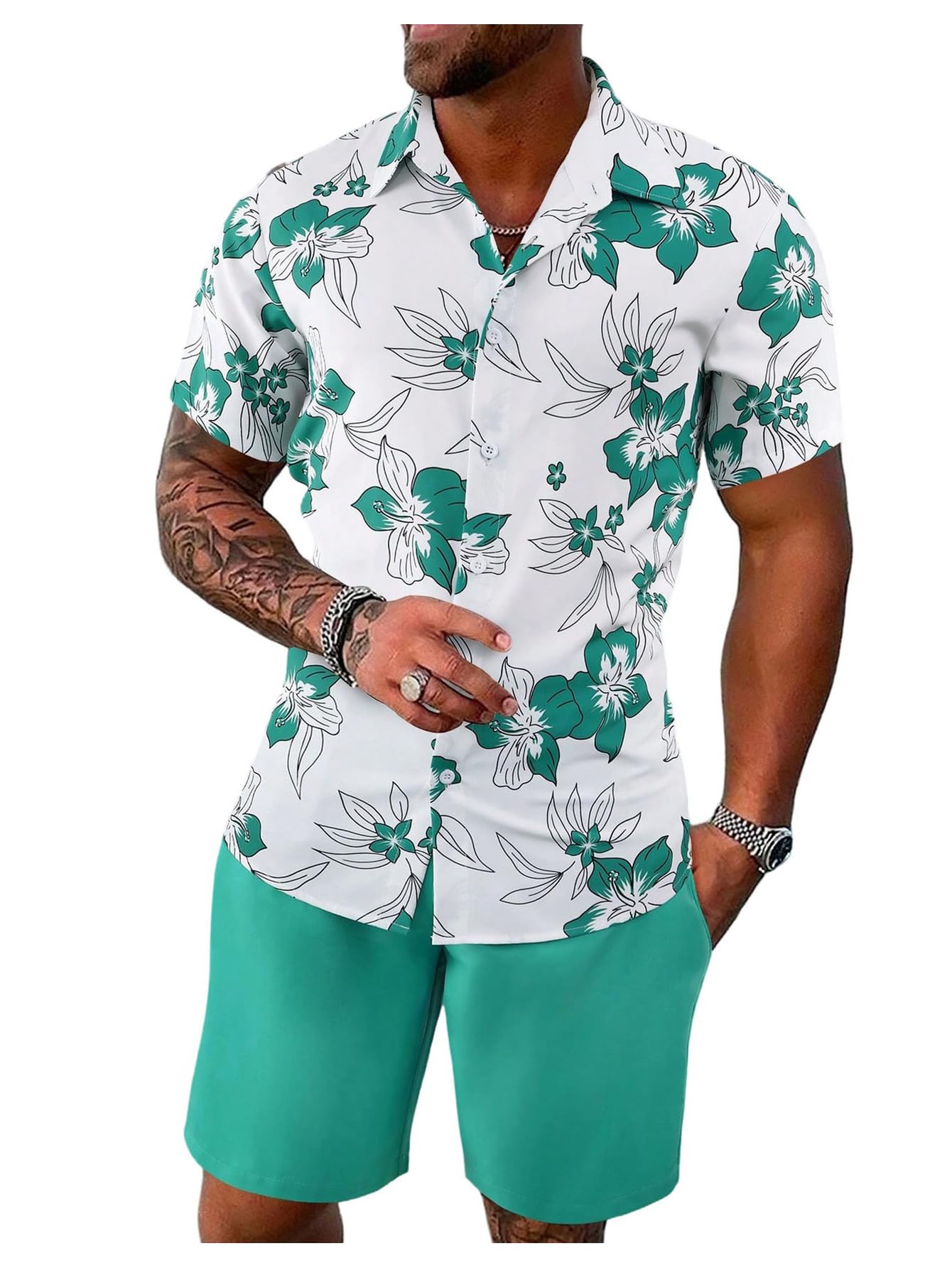GORGLITTER Men's Cruise Rave Vacation Matching Outfits 2 Piece Short Sets | Mens Summer Beach Outfits, 2 Piece Shorts Set, Couples Travel Outfits, Hawaiian Shirts