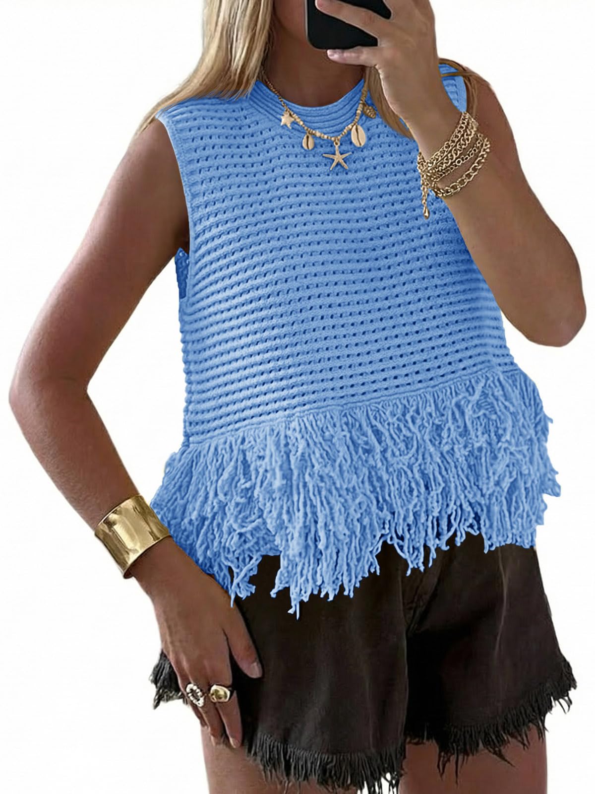 Saodimallsu Womens Crochet Crop Tank Tops Fringe Boho Summer Sweater Vest | Sleeveless,Crew Neck,Soft Knit,Summer Going Out Top,Resort Wear,Beach Vacation Outfits,Spring Fashion