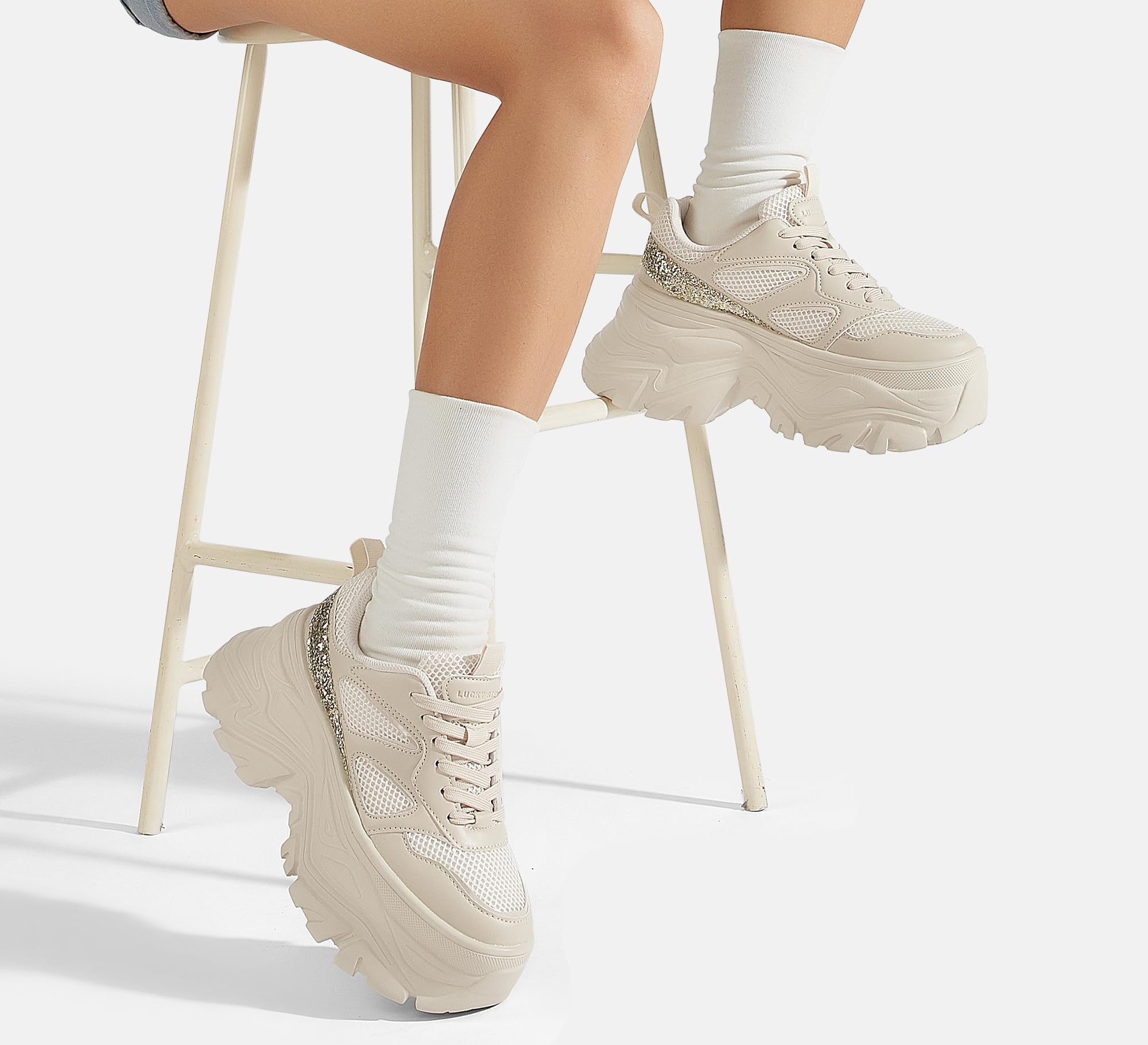 LUCKY STEP Women's Rhinestone Chunky Sneakers Breathable | Lightweight Running Non Slip Breathable Chunky
