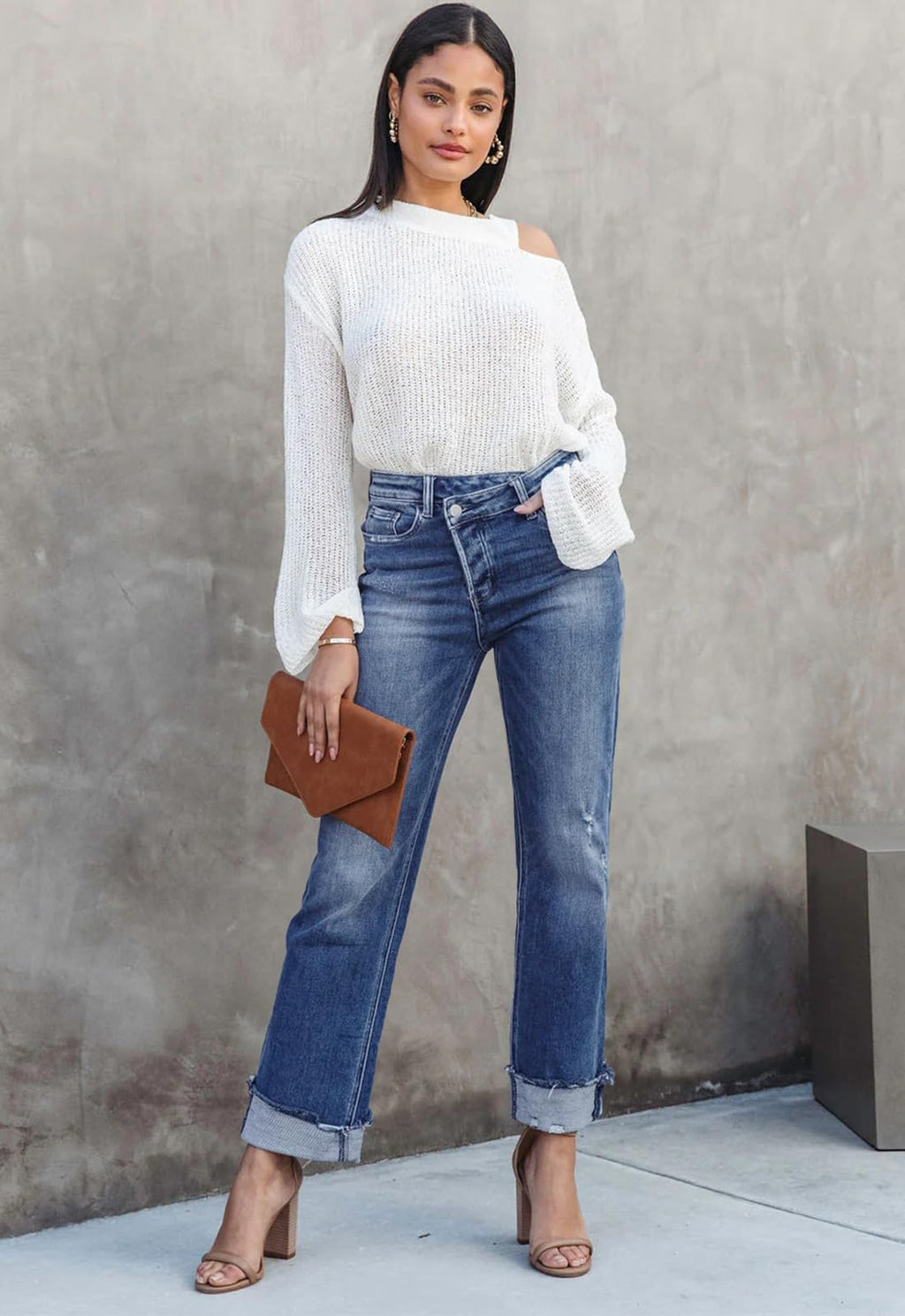 Metietila Jeans for Women Trendy High Waisted Corssover Boyfriend Jeans Distressed Stretchy Denim Pants