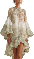 Women's Vintage Floral Print High Low Midi Dress, Crew Neck Long Sleeve Ruffle Hem Flowy Chiffon Boho Vacation Dress