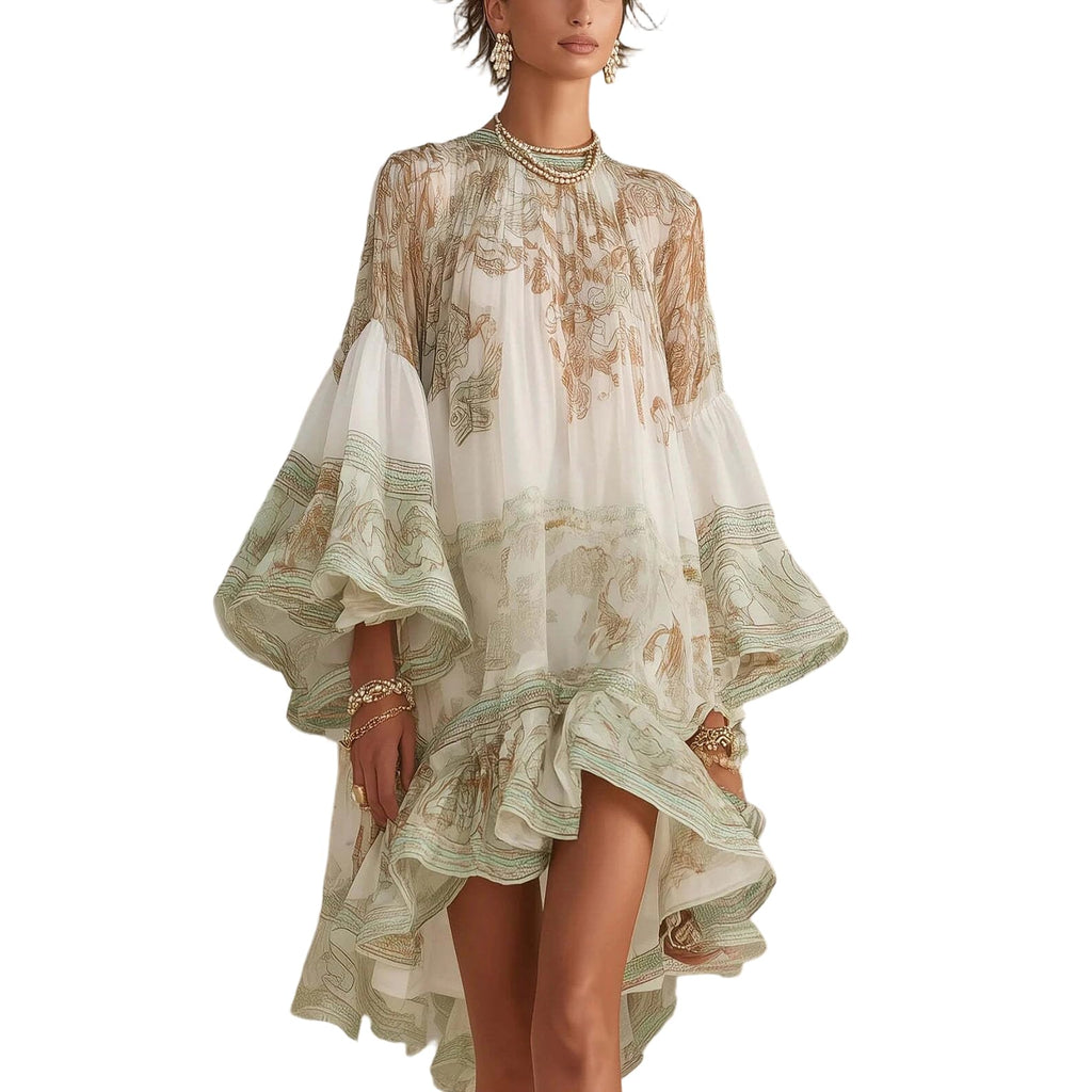 Women's Vintage Floral Print High Low Midi Dress, Crew Neck Long Sleeve Ruffle Hem Flowy Chiffon Boho Vacation Dress