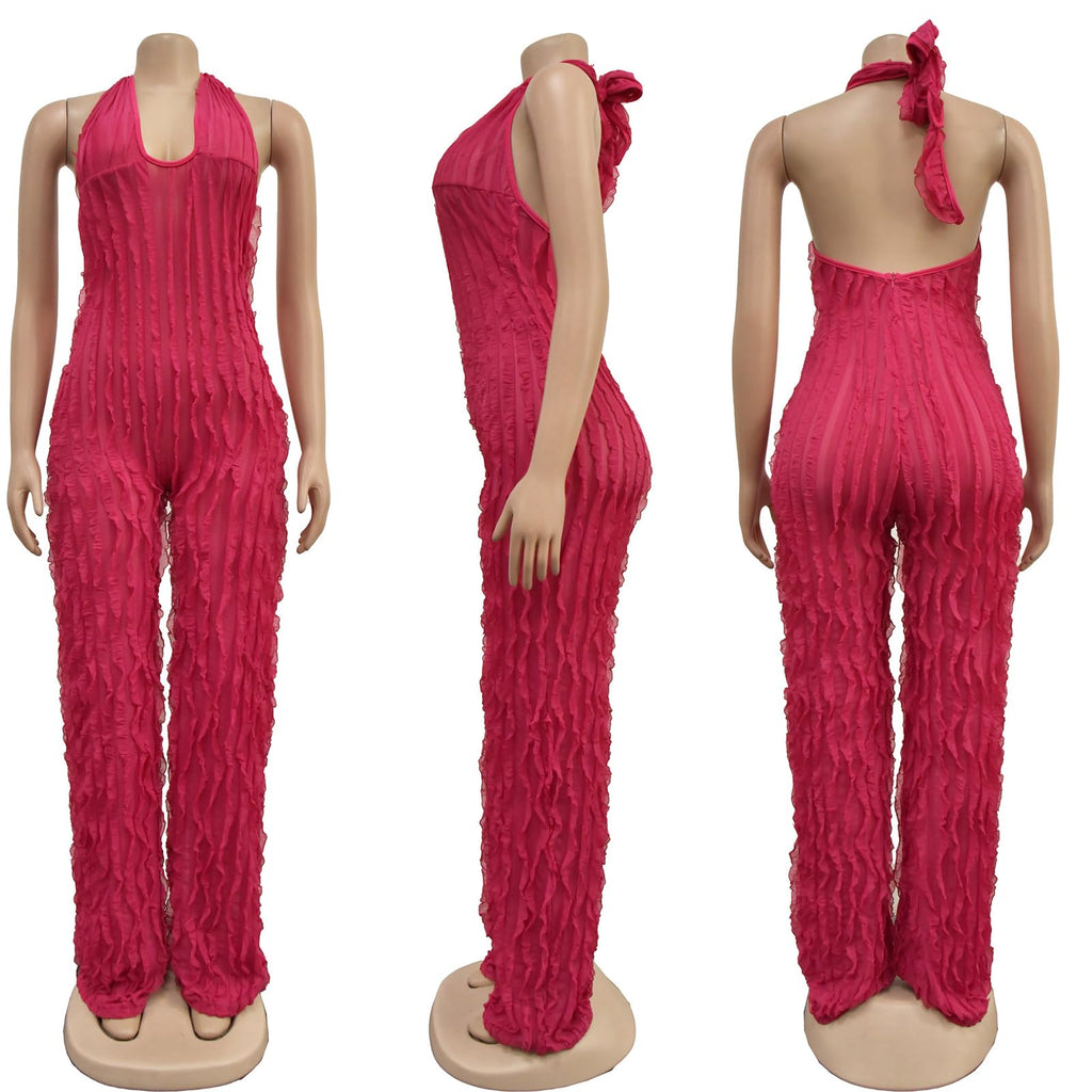 YBSKG Summer Halter Backless Jumpsuits for Women One Piece Wide Long Pants | Sexy See Through V Neck Tie Pleated One Piece Wide Leg Long Pants Romper
