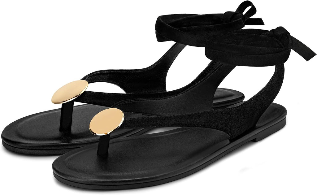 Carcuume Women's Suede Flat Sandals with Metallic Accents Adjustable Strappy Flip Flops for Beach Vacation Casual Outings Cushioned Dressy Slides,MOLAZY-00