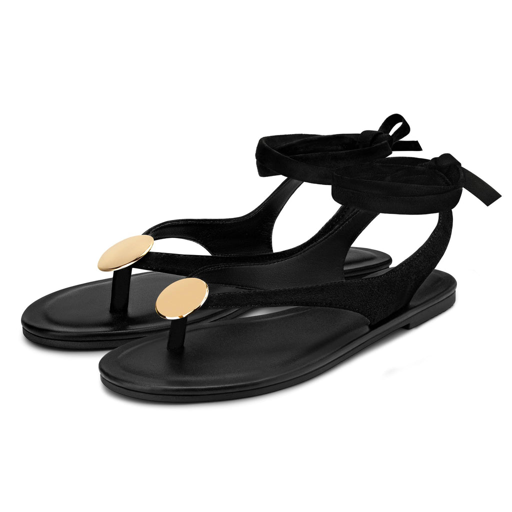 Carcuume Women's Suede Flat Sandals with Metallic Accents Adjustable Strappy Flip Flops for Beach Vacation Casual Outings Cushioned Dressy Slides,MOLAZY-00