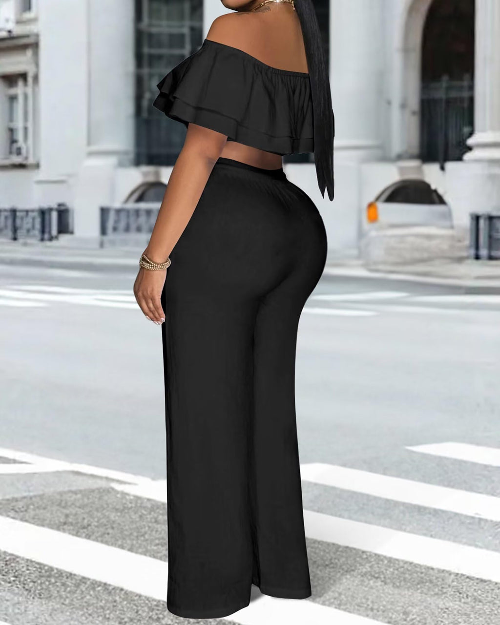 Adogirl 2 Piece Outfits for Women Ruffle Trim Crop Top Wide Leg Pants Set | 2 Piece Sets, Outfit for Women, Off Shoulder, Short Sleeve, Wide Leg Pants with Pockets, Sexy Outfits, Vacation Outfits