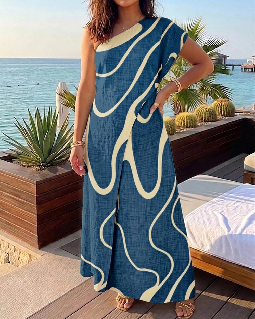 CHICME Maxi Dresses for Women Abstract Print Summer Dress | Womens Summer Dresses, One Shoulder Boho Dress with Pockets, Faux 2 Piece Casual Dresses, Vacation, Beach Dress Wedding Guest