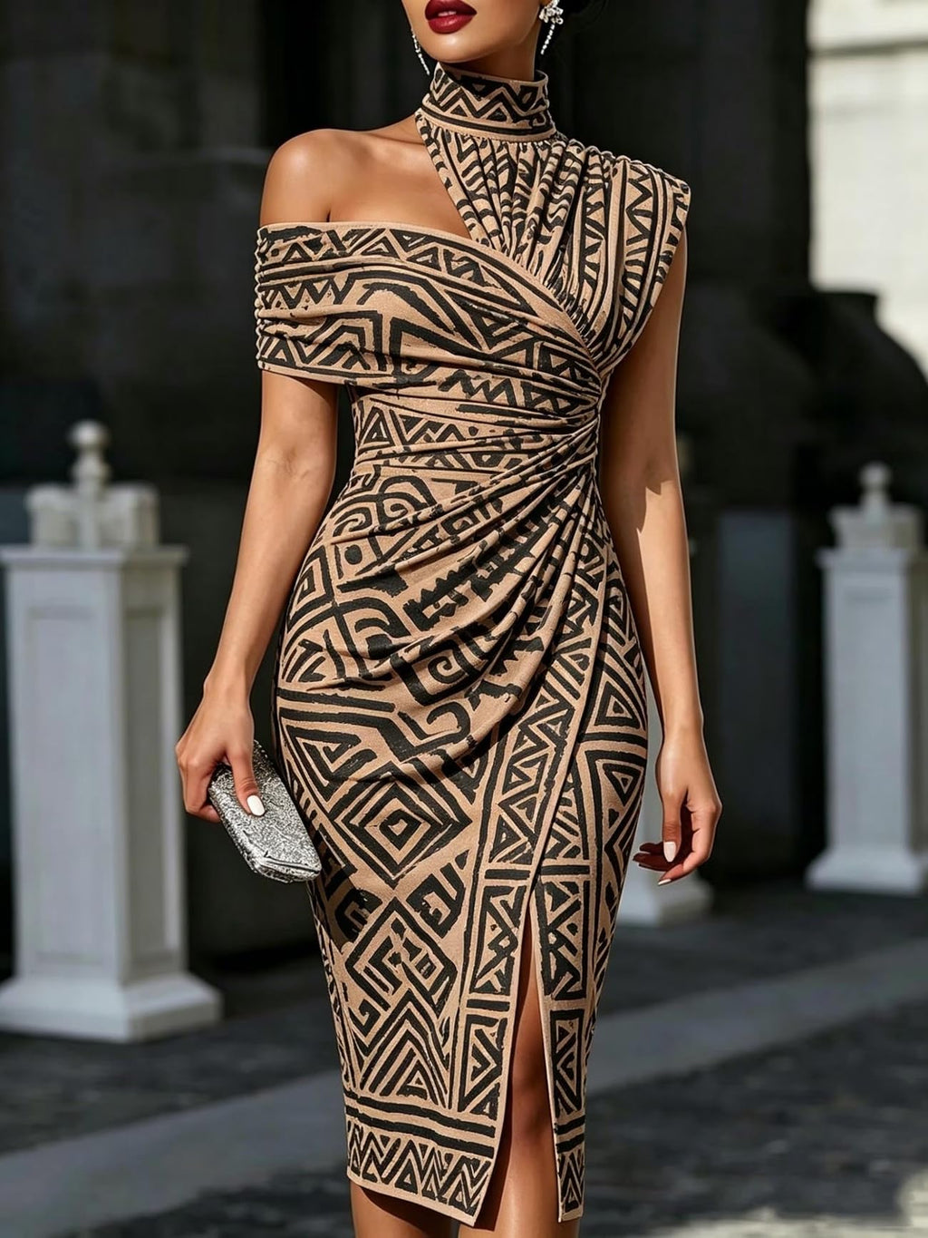 Women's One Shoulder Bodycon Midi Dress Geometric Pattern Print High Neck Slit Ruched Reunion and Vacation Casual Wear Dress