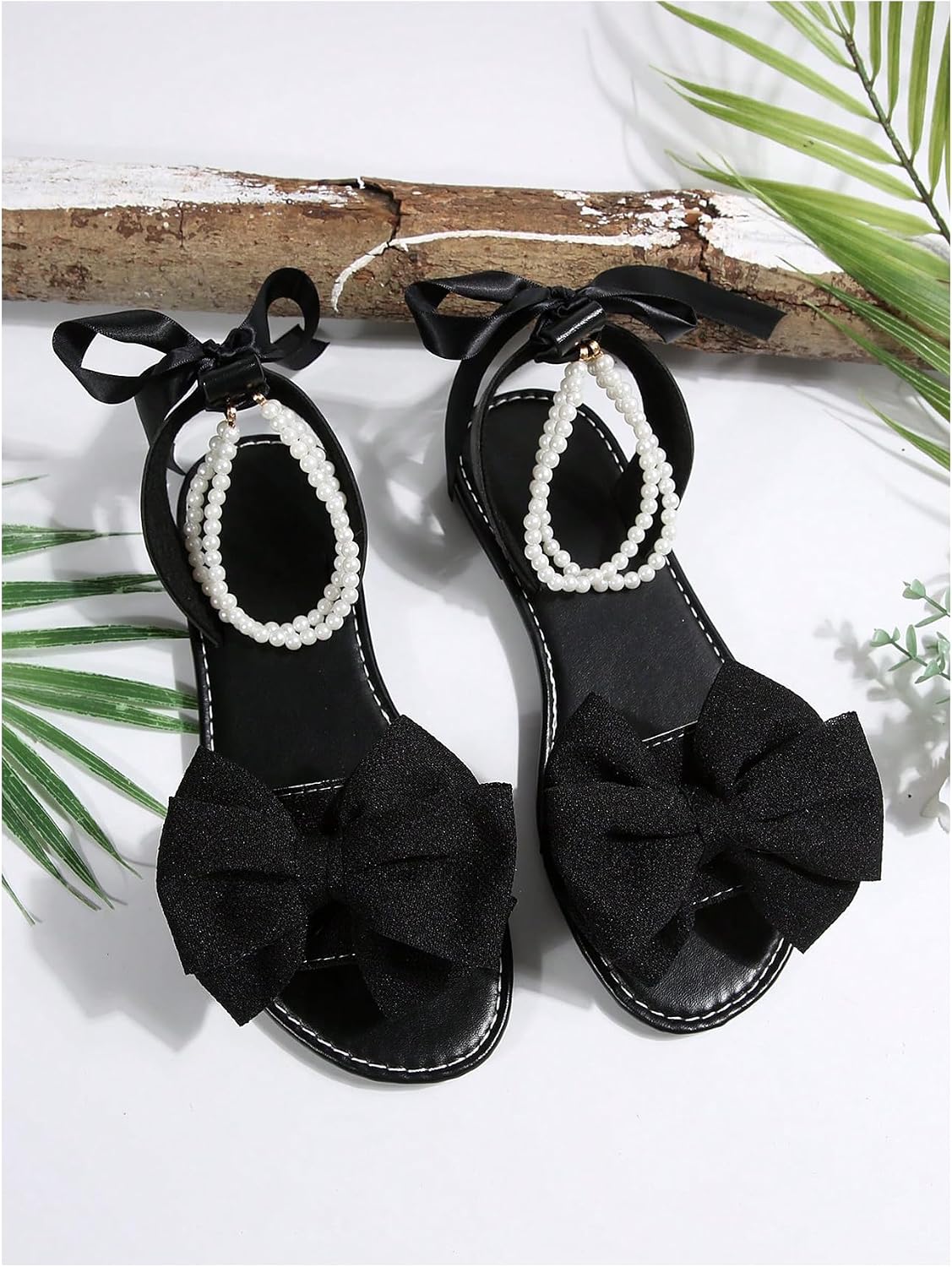 GORGLITTER Women's Bow Pearl Open Toe Ankle Strap Sandals Slippers Shoes | Sandals with Bow,Sandals Women Comfortable, Dressy Sandals Women, Y2k Dress Sandals for Women