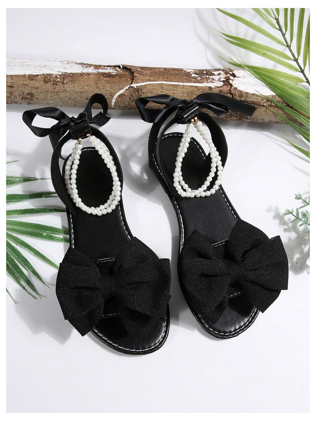 GORGLITTER Women's Bow Pearl Open Toe Ankle Strap Sandals Slippers Shoes | Sandals with Bow,Sandals Women Comfortable, Dressy Sandals Women, Y2k Dress Sandals for Women