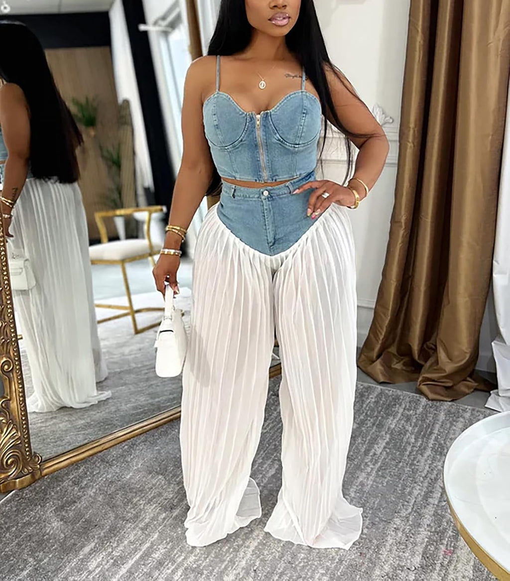 Women's Denim Spliced Pleated Chiffon Wide Leg Pants | High-Waist Fit, Floor-Length Flow, Denim-to-Chiffon Design, Tummy Control, Jumpsuit-Illusion Style