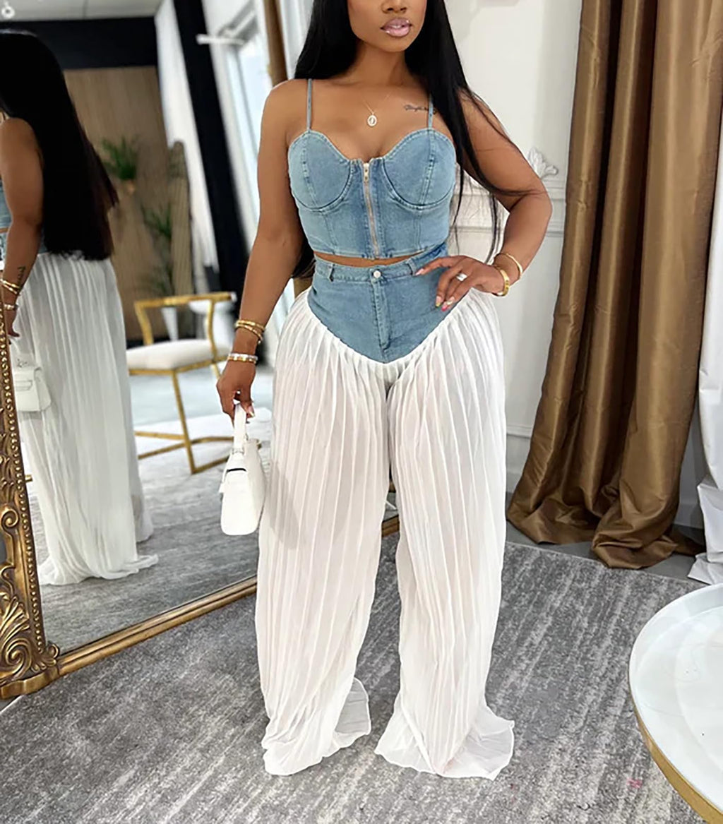 Women's Denim Spliced Pleated Chiffon Wide Leg Pants | High-Waist Fit, Floor-Length Flow, Denim-to-Chiffon Design, Tummy Control, Jumpsuit-Illusion Style