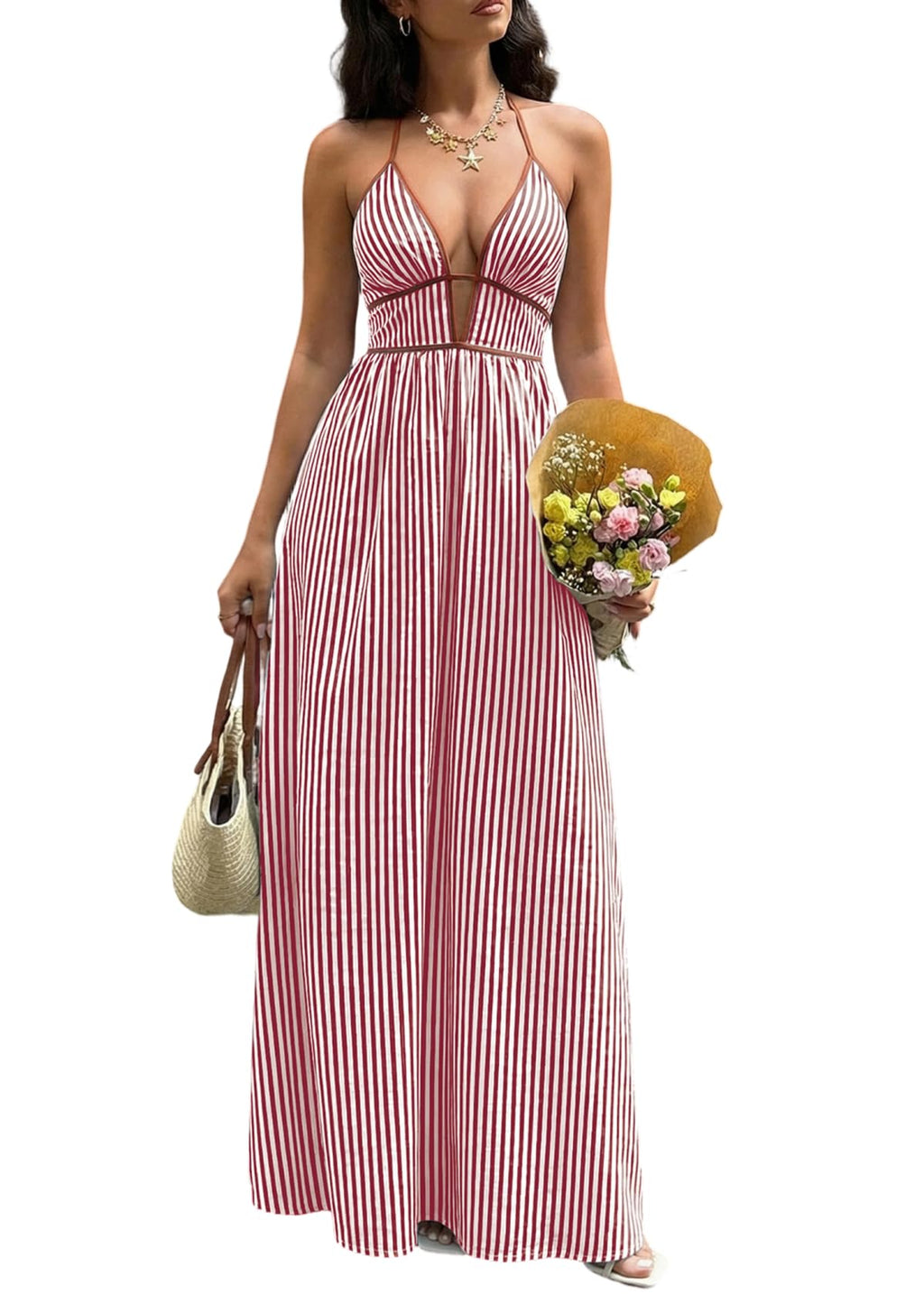 Women Summer Striped Halter Maxi Dress Sexy Beach Vacation Sundress | Casual, travel brunch dresses, soft fabric, deep v neck, backless, smocked, flowy, a line