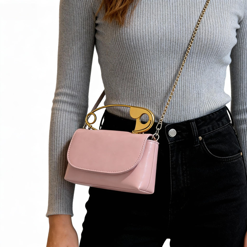 Women's Unique Safety Pin Crossbody Purse | Leather Clutch Bag Gold Handles Chain novelty clutch