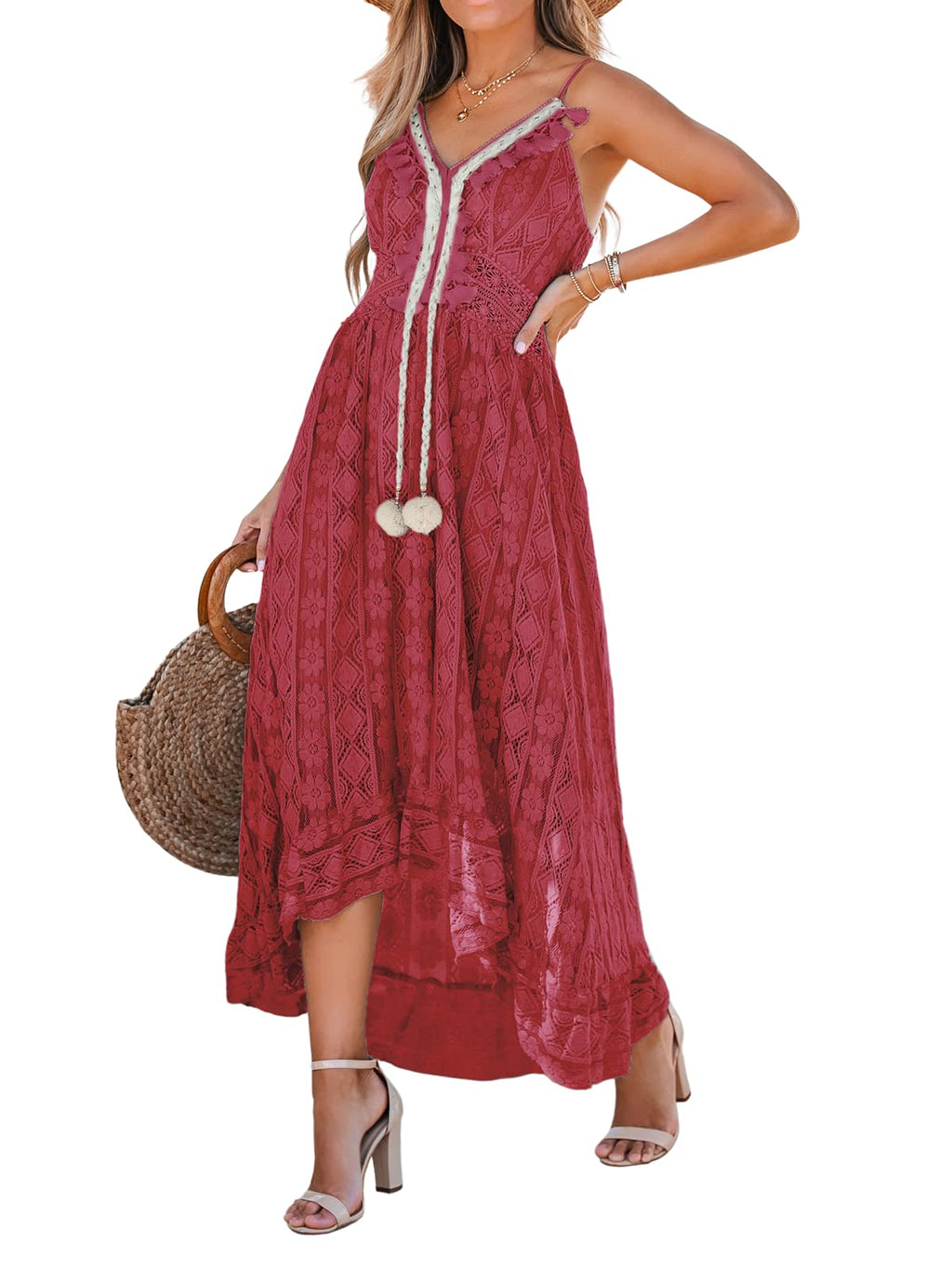 CUPSHE Womens Lace Summer Maxi Dresses 2026 Beach Wear | V Neck Spaghetti Straps Sundress, Tassel, Boho Pom Poms, Flowy Vacation Outfits, Resort Wear, Graduation Wedding Guest Looks