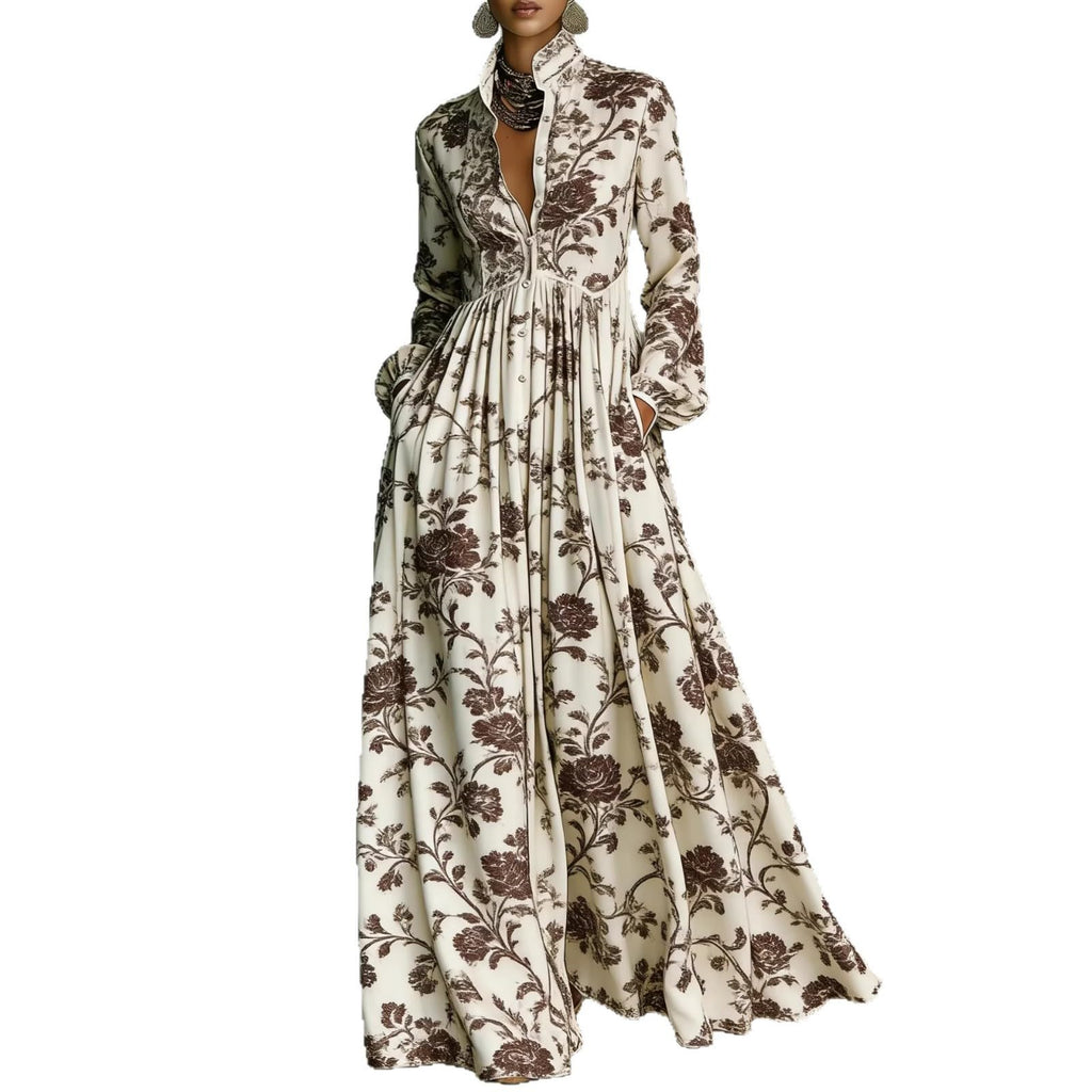 Women Maxi Dress Stand Collar Button Front Pocket Beach Vacation Casual | Flowy maxi dress stand collar, button front, functional pockets, long lantern sleeves, A-line skirt, beach vacation daily