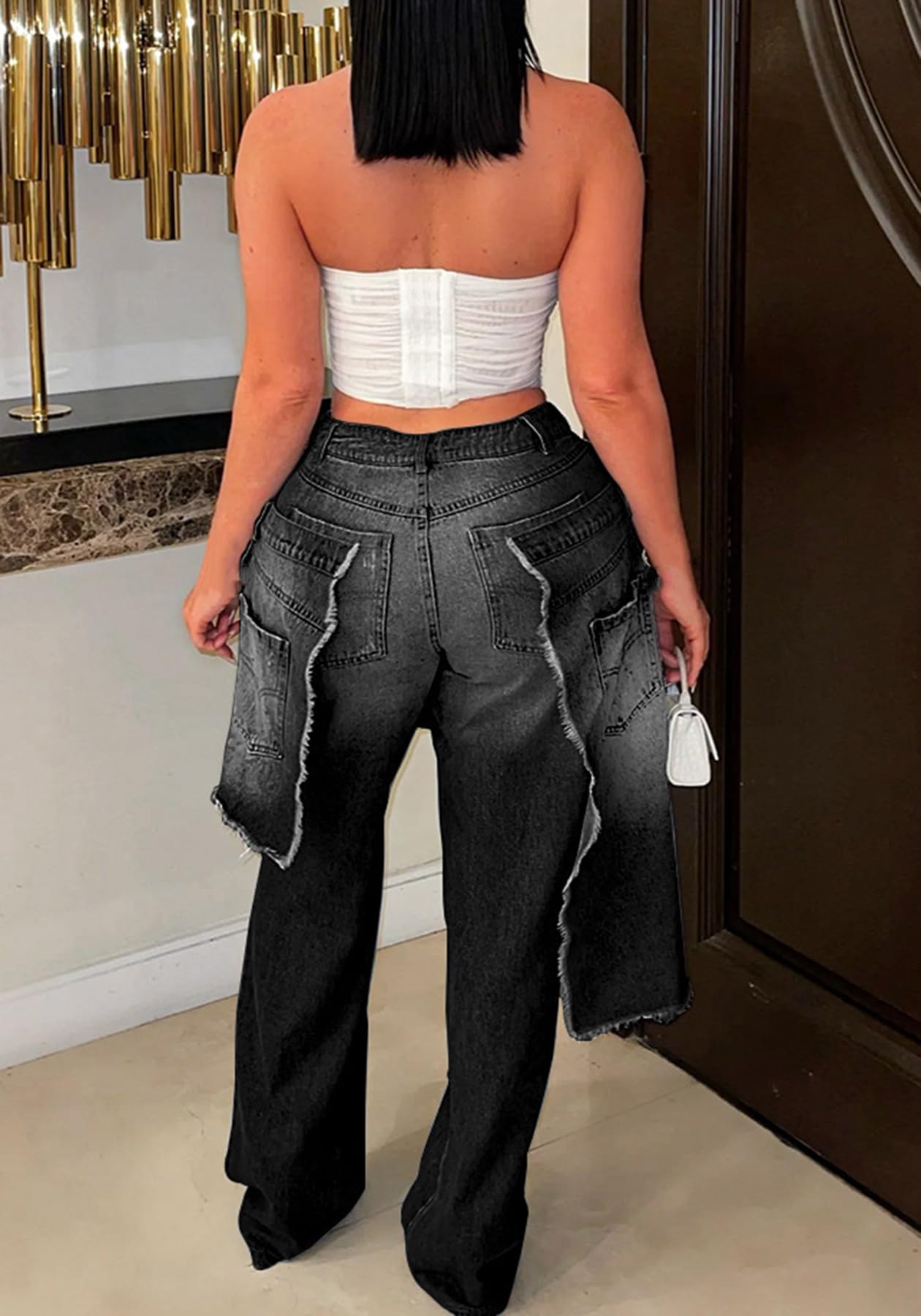 LKOUS Women's Ripped Baggy Jeans High Waist Wide Leg Patchwork Streetwear | Distressed, cutout, Y2K, hip hop, stretchy, soft, pocket, casual, concert, vintage. Machine wash