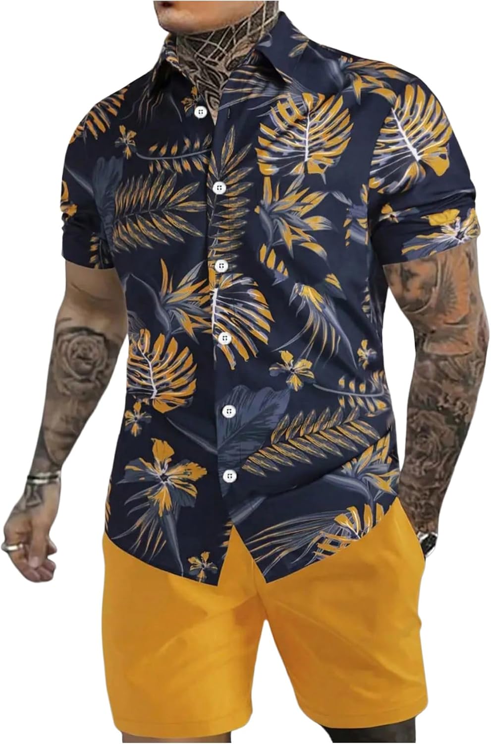 GORGLITTER Men's Cruise Rave Vacation Matching Outfits 2 Piece Short Sets | Mens Summer Beach Outfits, 2 Piece Shorts Set, Couples Travel Outfits, Hawaiian Shirts