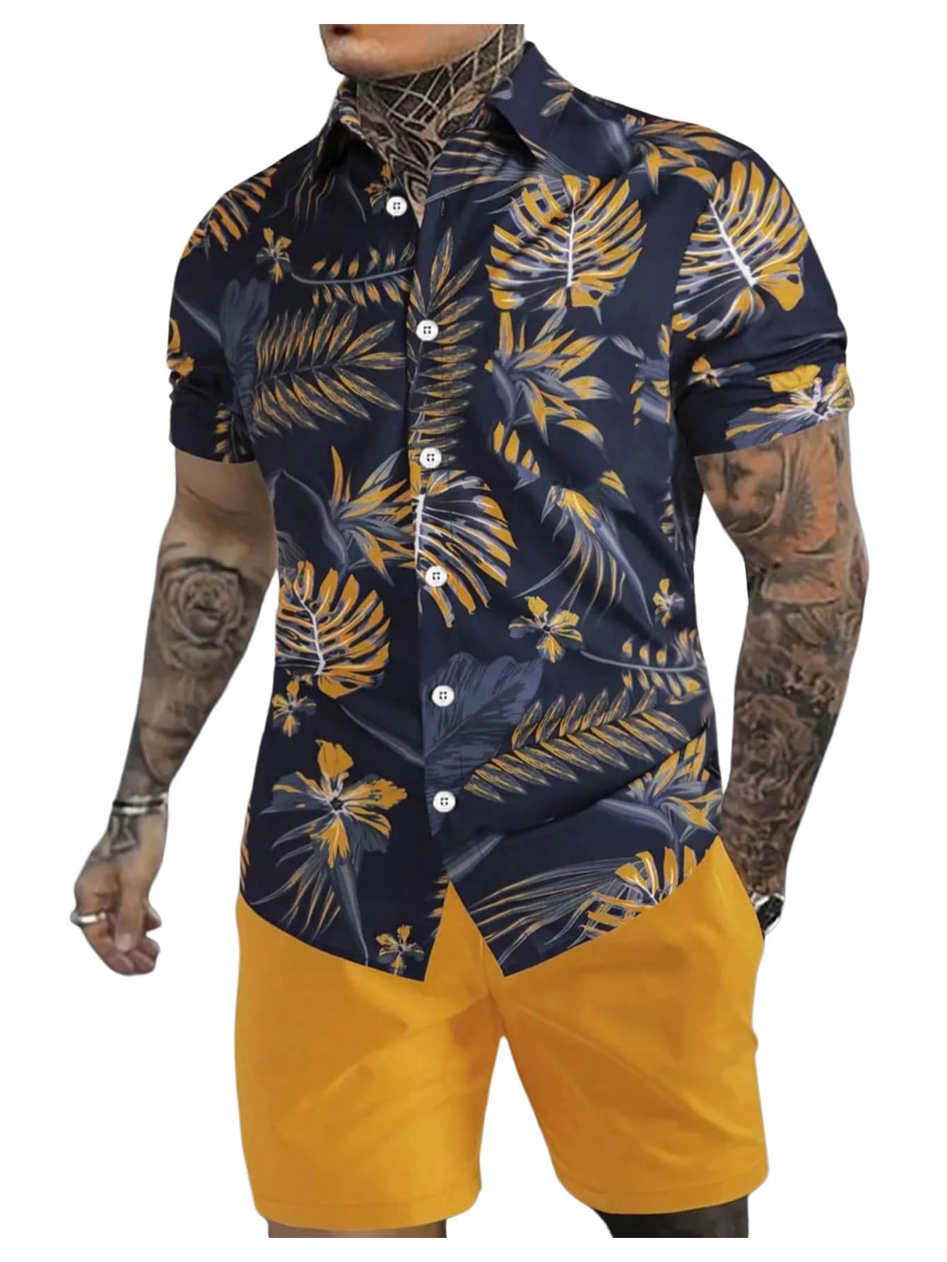 GORGLITTER Men's Cruise Rave Vacation Matching Outfits 2 Piece Short Sets | Mens Summer Beach Outfits, 2 Piece Shorts Set, Couples Travel Outfits, Hawaiian Shirts