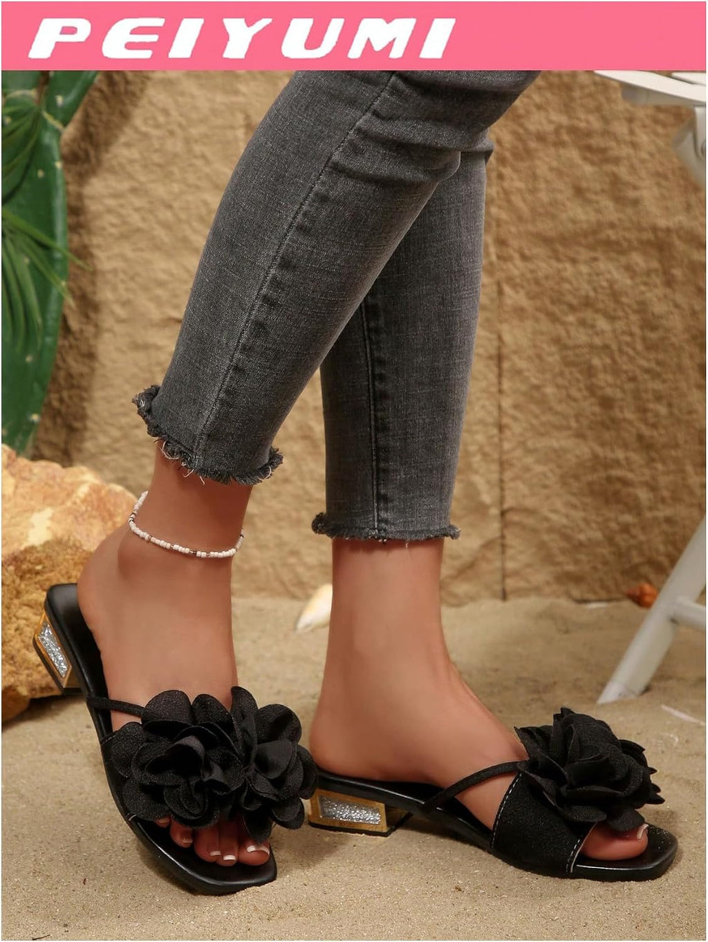 OYOANGLE Women's 3D Floral Slide Sandals Square Toe Low Block Heel Open Toe Summer Beach Dressy Sandals