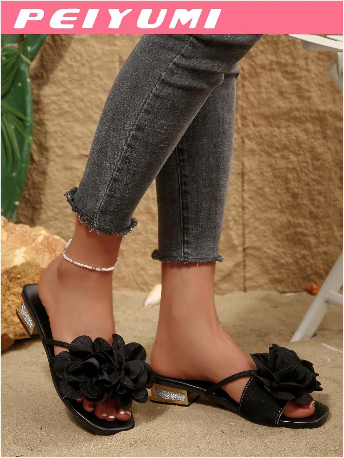 OYOANGLE Women's 3D Floral Slide Sandals Square Toe Low Block Heel Open Toe Summer Beach Dressy Sandals