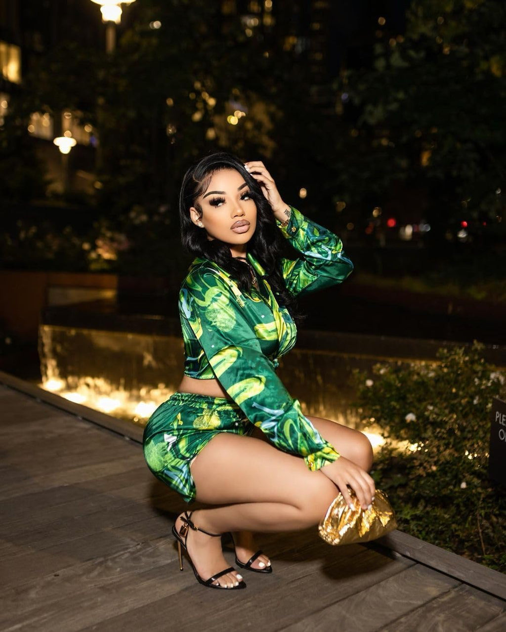 Women 2 Piece Outfit Sexy Printed Crop Top and Shorts Set | Tie Front, Long Sleeve, Matching Set, For Club Party Vacation