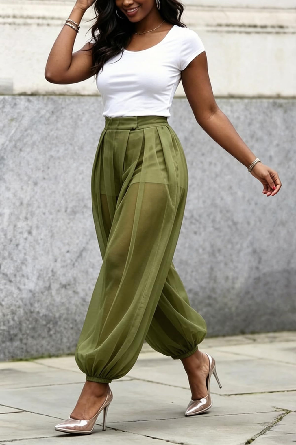 Molisry Women Sheer Mesh Pants Bubble Tulle Patchwork Pants Balloon Trouser | Loose Fit Cover Up Trousers,Built In Shorts Lining