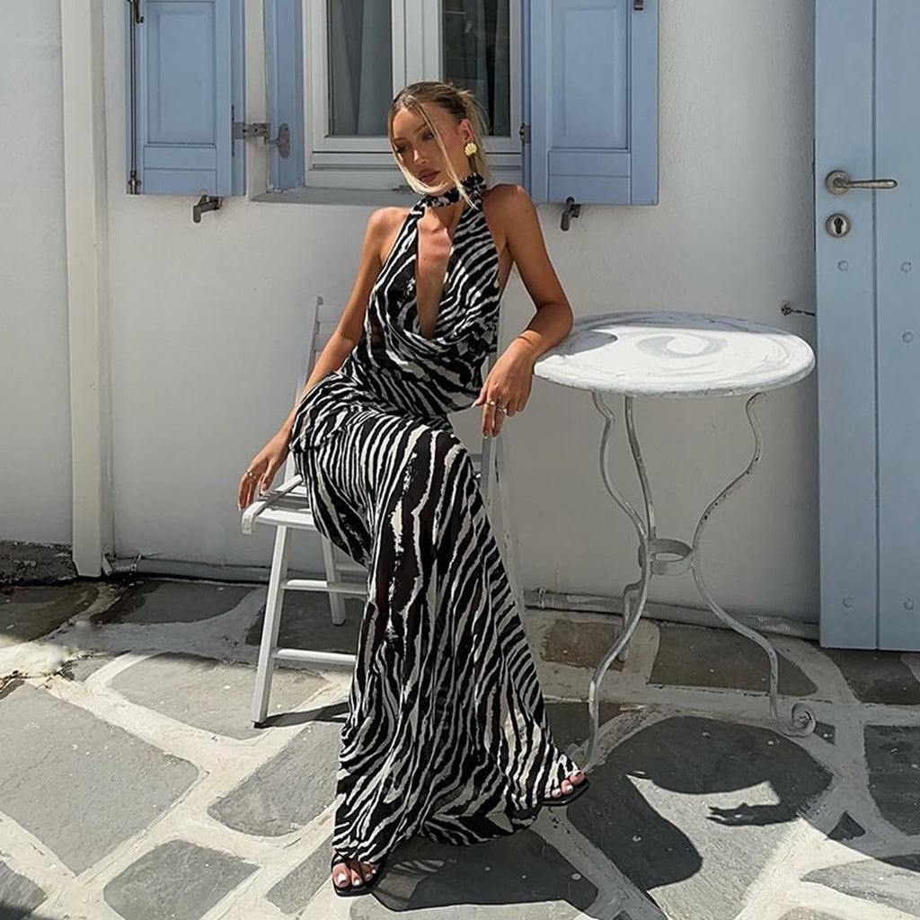 THLAI Women's 2 Piece Sexy Zebra Skirt Sets Halter Top Maxi Skirt Mesh Slim Summer Beach Outfits