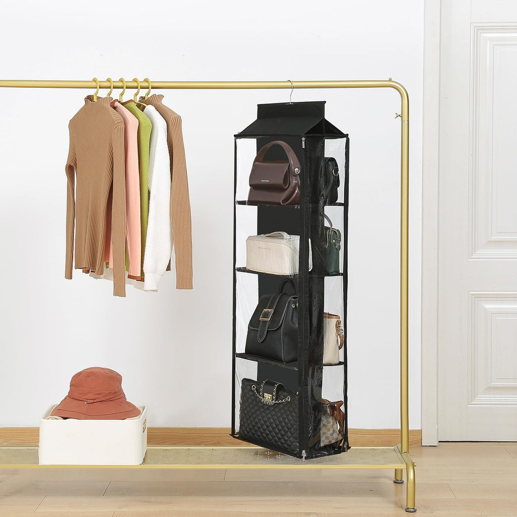 8 Grids in 1 Rotatable Hanging Purse Handbag Organizer with Double Zippers, Visible Purse Organizer for Closet, Fully Enclosed Handbag Storage Holder