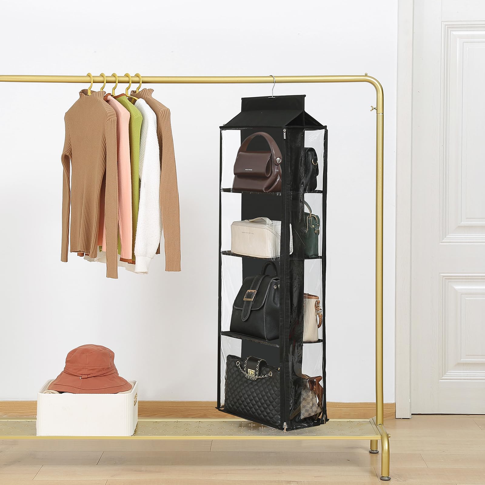8 Grids in 1 Rotatable Hanging Purse Handbag Organizer with Double Zippers, Visible Purse Organizer for Closet, Fully Enclosed Handbag Storage Holder