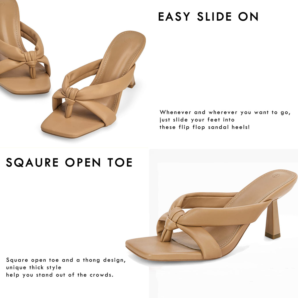 Coutgo Womens Thong Heels Mules Kitten Heel Square Toe Flip Flops Sandals | Slip On Dress Shoes, Comfortable Low Heel, Open Toe, Summer Beach, Party, Casual, Going Out