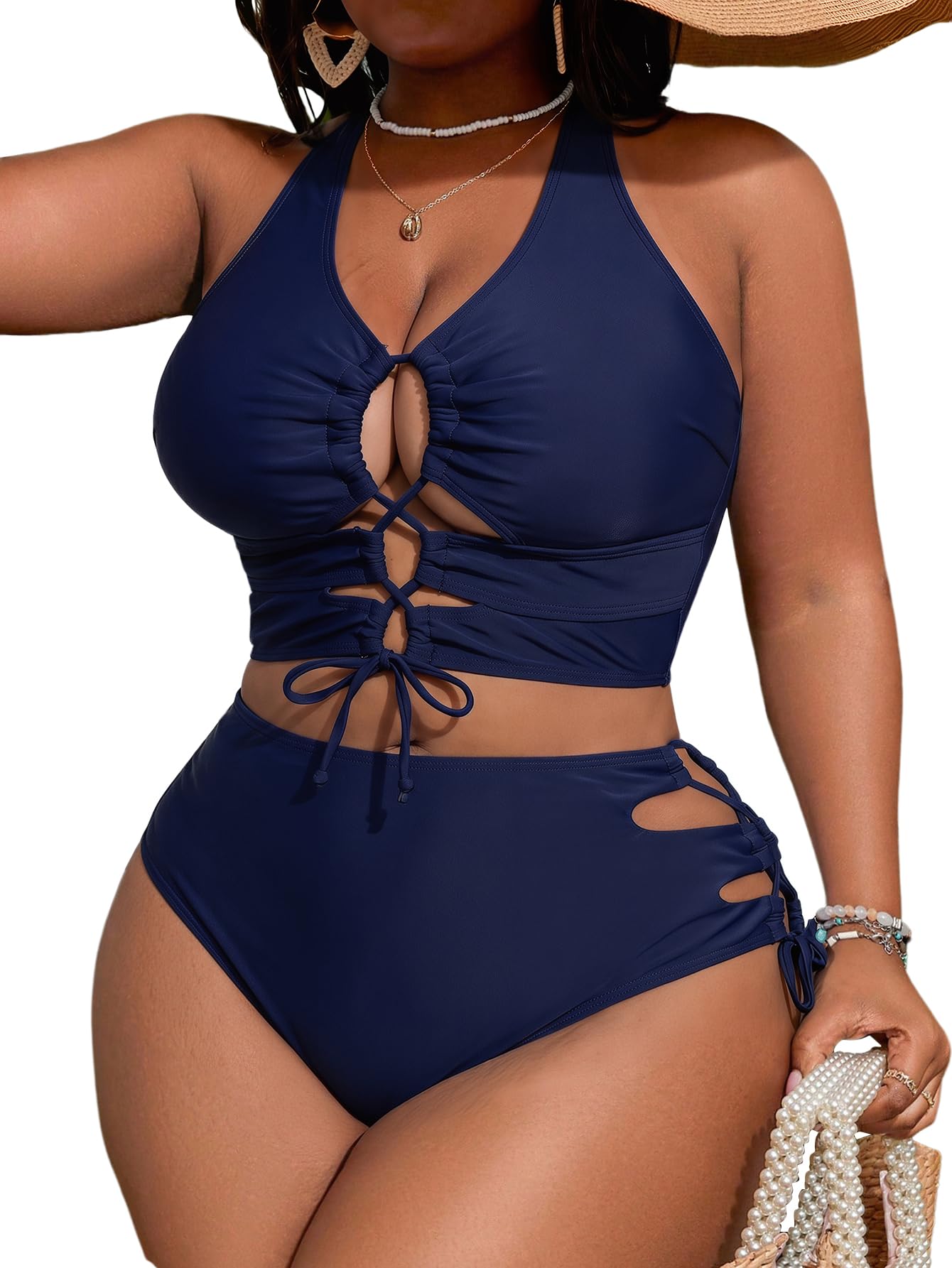 SOLY HUX Womens Plus Size Two Piece Bathing Suit Bikini Swimsuit | Tummy Control, High Waisted Bikini Sets, Adjustable Tie String, Sexy