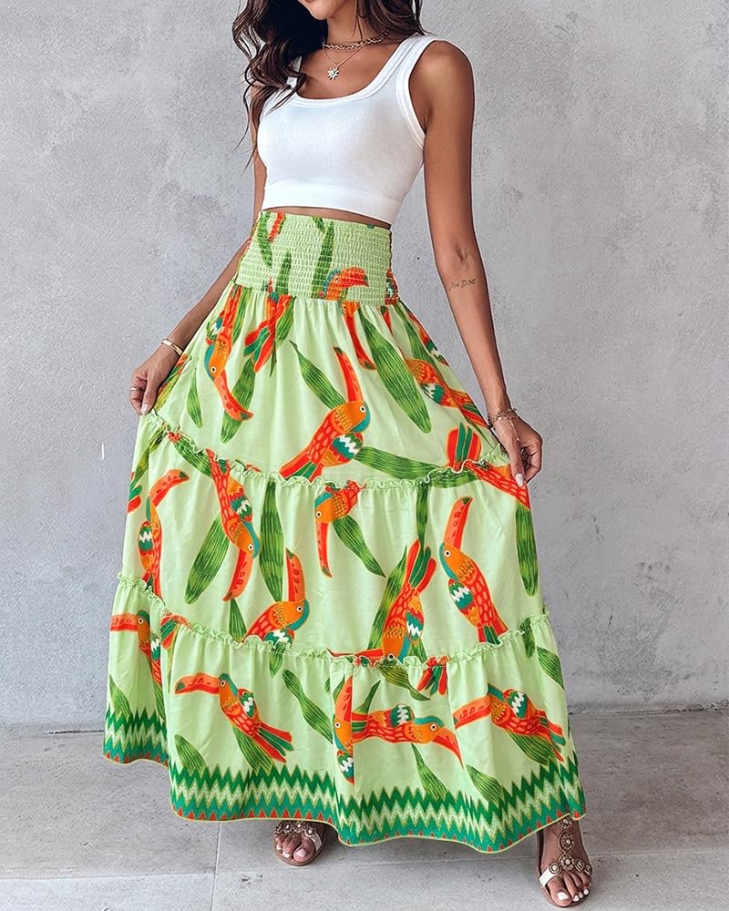 CHICME Women's Boho Floral Summer Maxi Skirt with Pockets Vacation Outfit | Shirred High Waist, Ruffle Hem, Lightweight Comfortable Fabric, A-Line Long Flowy Skirt for Beach, Travel & Daily Wear