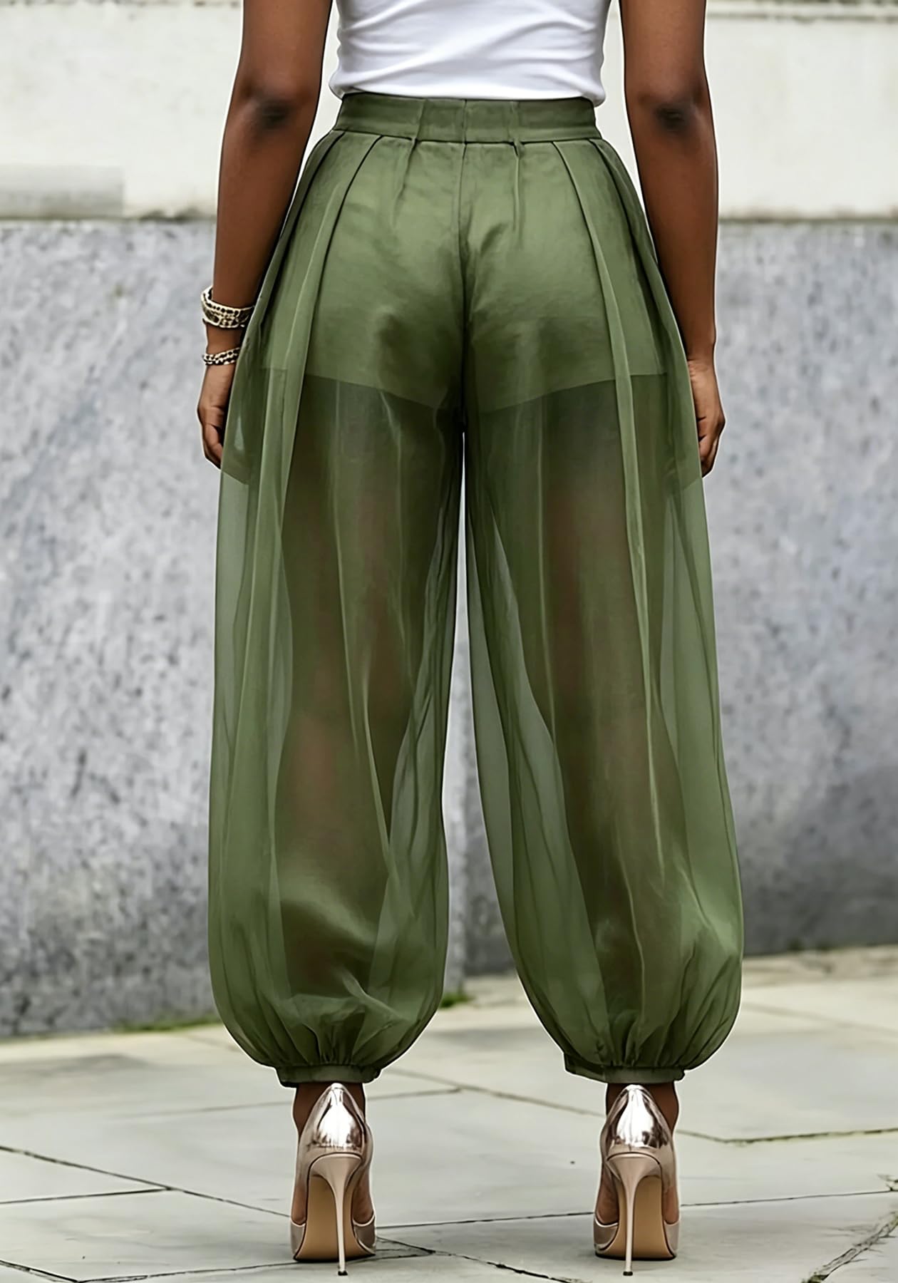 Molisry Women Sheer Mesh Pants Bubble Tulle Patchwork Pants Balloon Trouser | Loose Fit Cover Up Trousers,Built In Shorts Lining