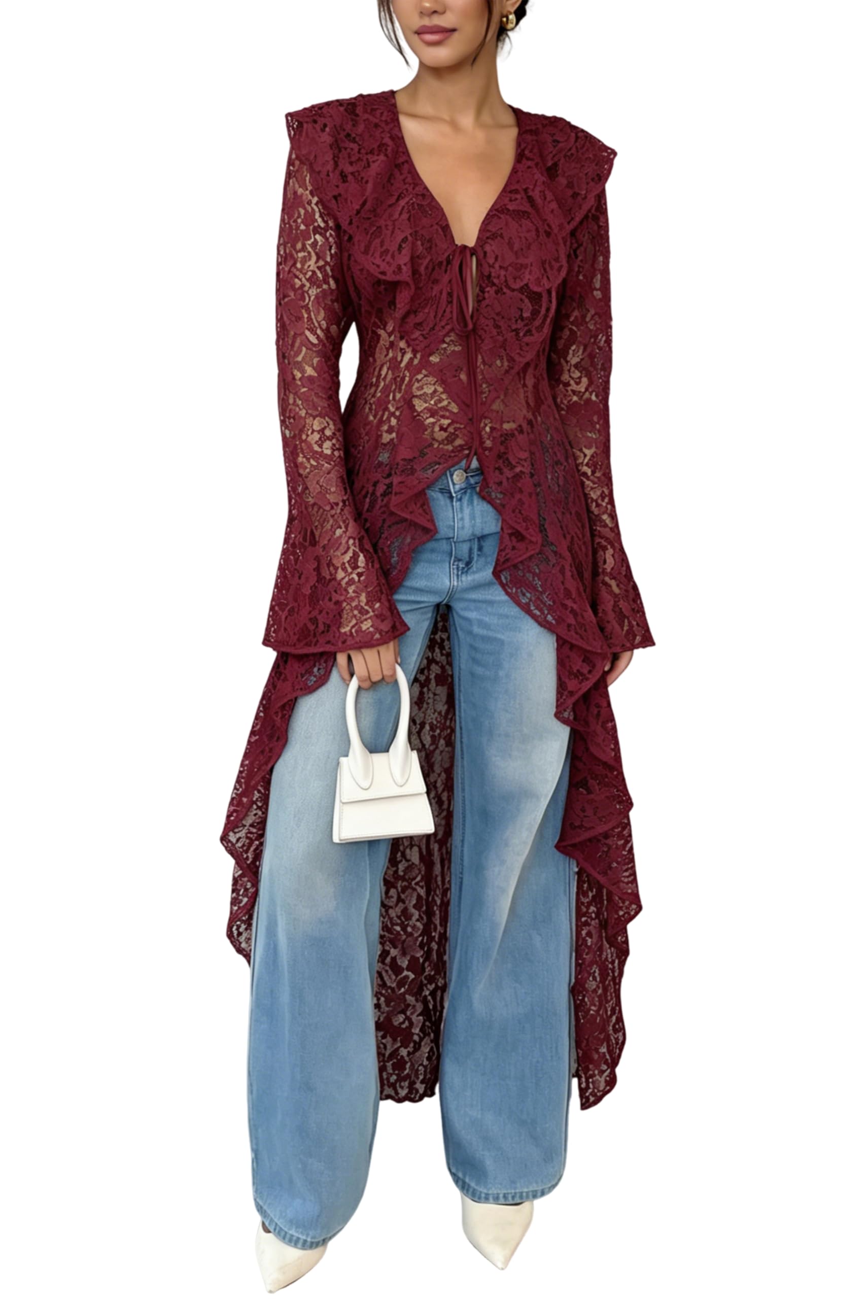 Lace Cardigan for Women Maxi Summer Lightweight Open Front Tie Bell Long Sleeve Ruffled Tops Duster Swimsuit Cover Up