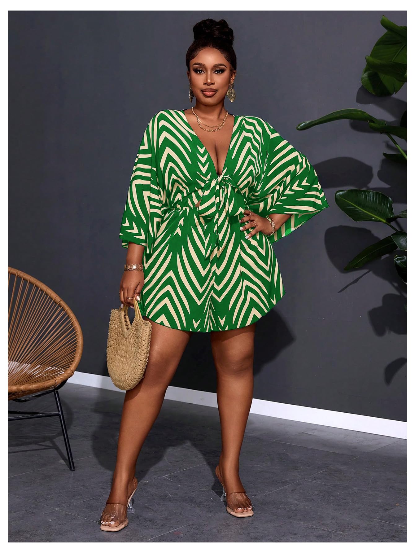 SOLY HUX Women's Plus Size Striped Tie Front Short Jumpsuit | V Neck, 3/4 Sleeve, Loose, Romper