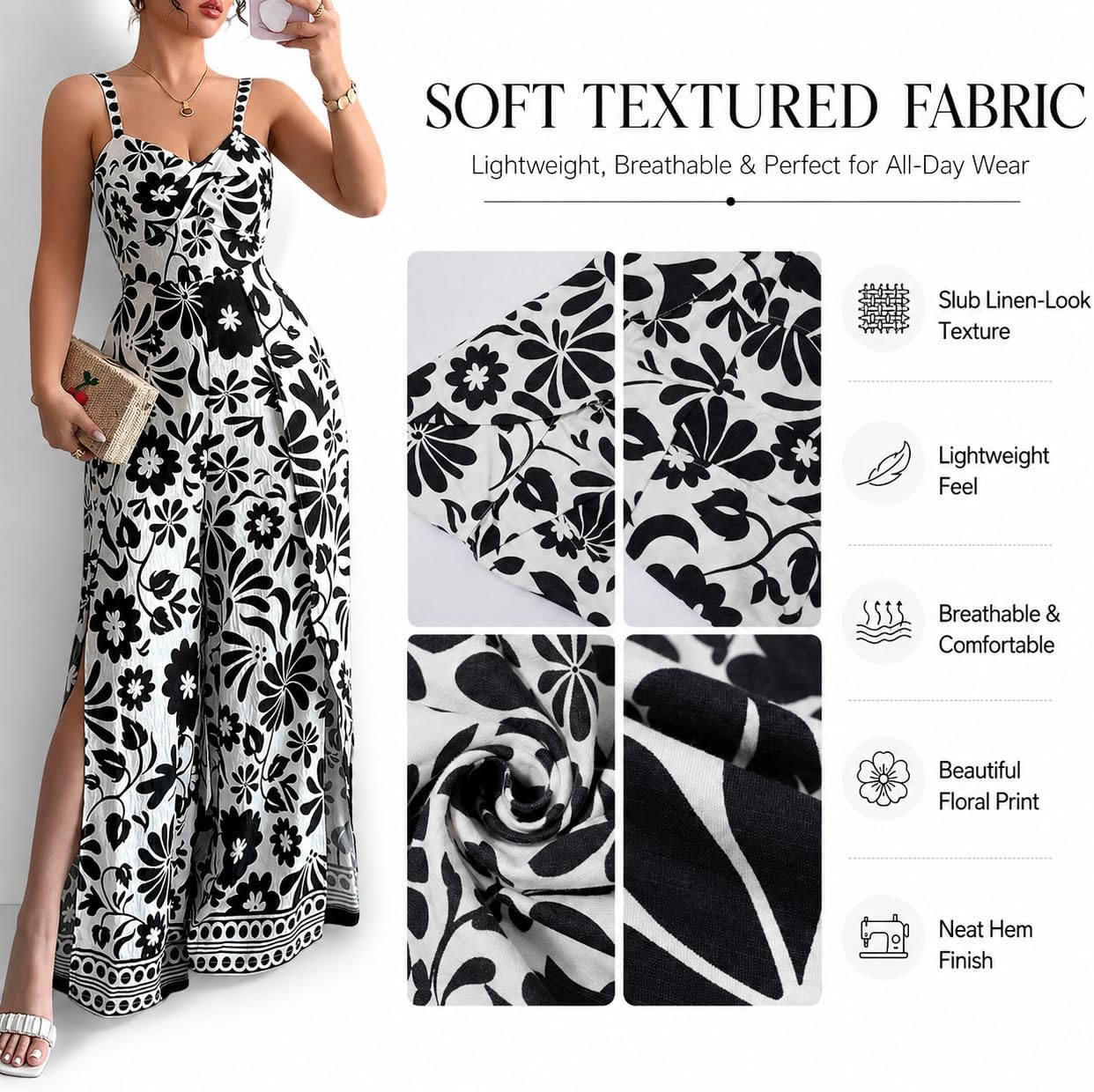 Women's Floral Wide Leg Jumpsuit Sleeveless Backless Side Slit Romper | Women's Floral Wide Leg Jumpsuit, Sleeveless Backless Slub-Textured Romper with Side Slits for Summer Beach Vacation