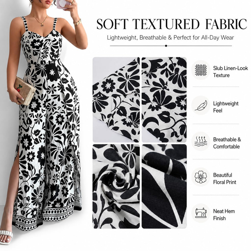 Women's Floral Wide Leg Jumpsuit Sleeveless Backless Side Slit Romper | Women's Floral Wide Leg Jumpsuit, Sleeveless Backless Slub-Textured Romper with Side Slits for Summer Beach Vacation