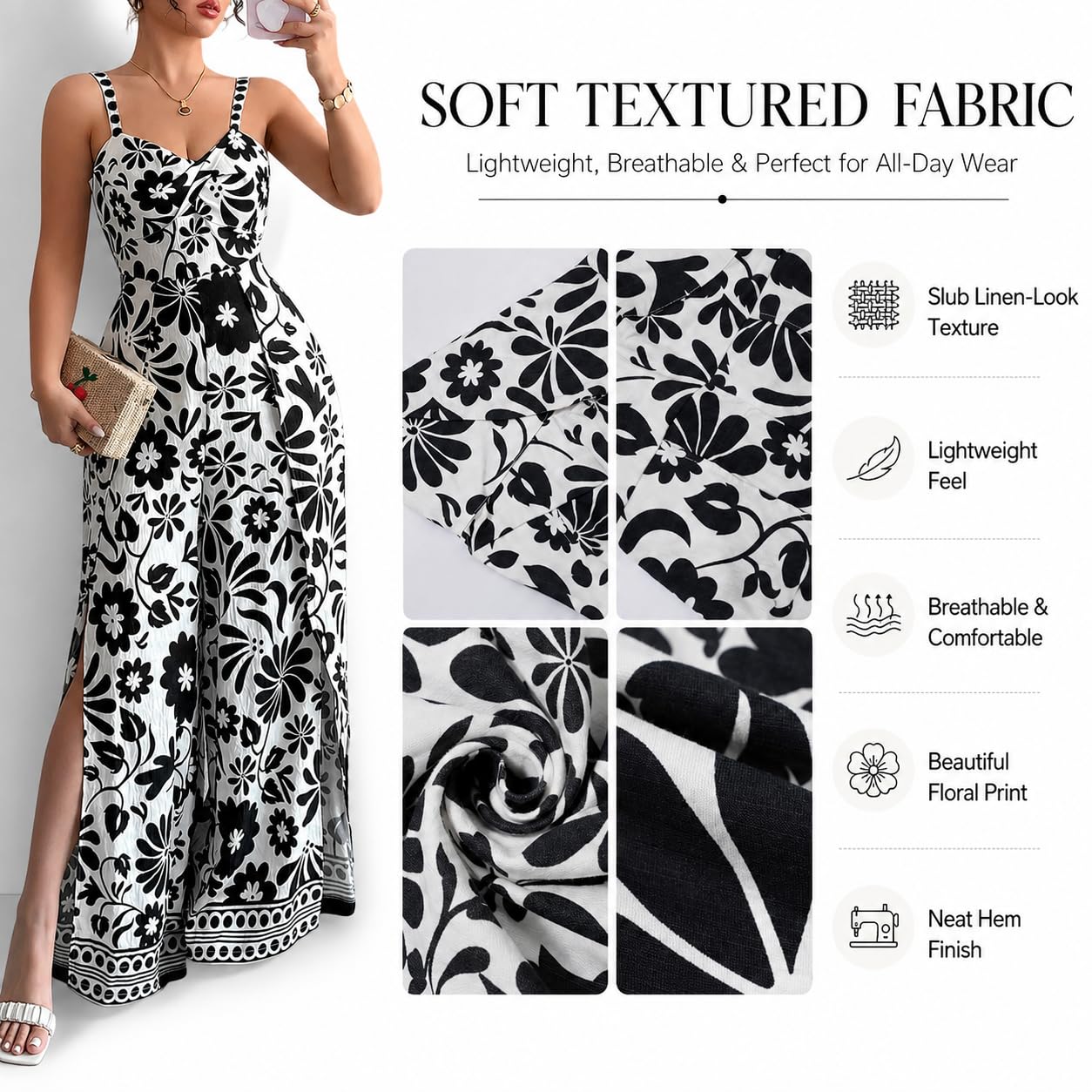 Women's Floral Wide Leg Jumpsuit Sleeveless Backless Side Slit Romper | Women's Floral Wide Leg Jumpsuit, Sleeveless Backless Slub-Textured Romper with Side Slits for Summer Beach Vacation
